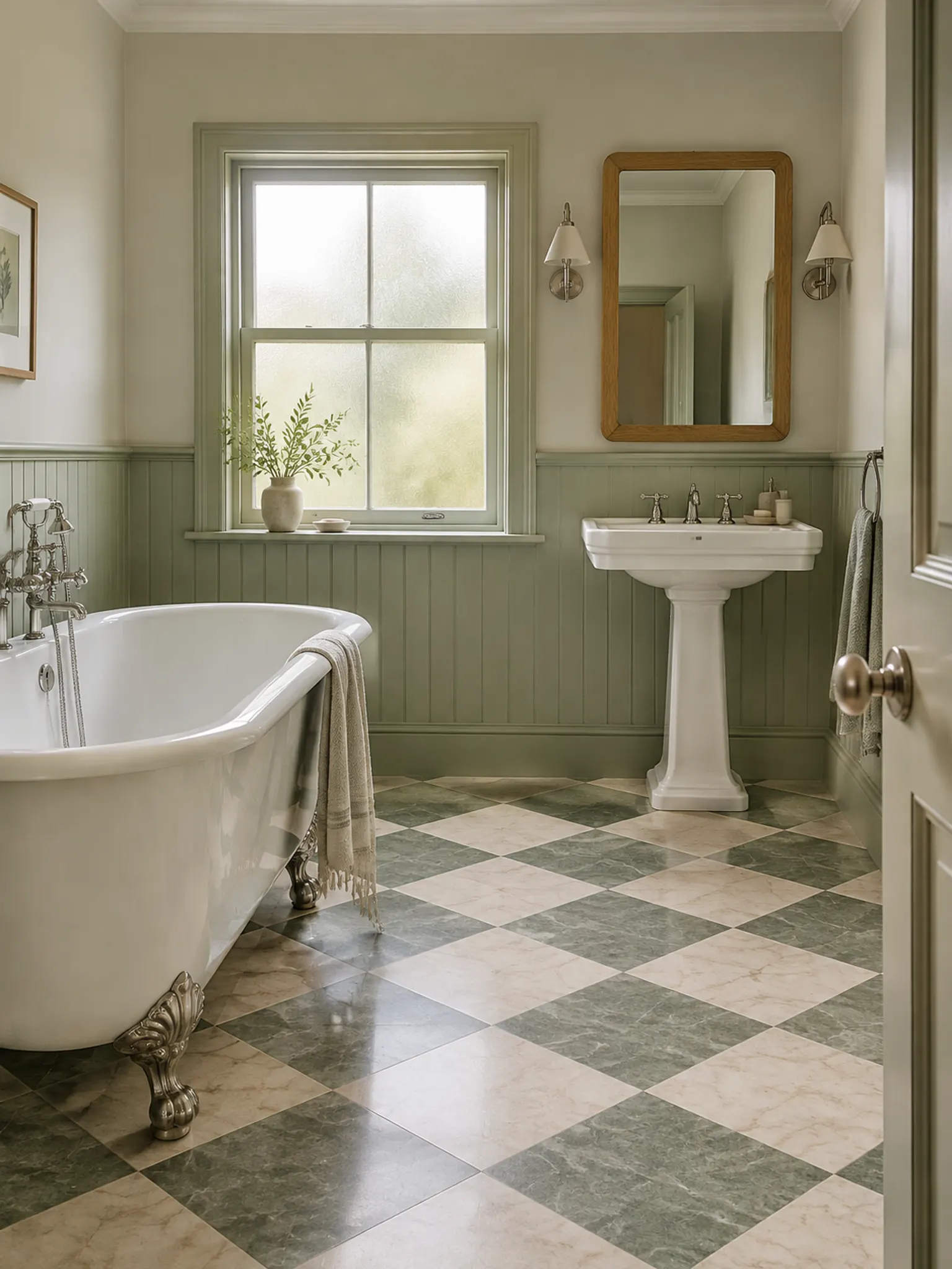 Bathroom with a sage and cream diagonal checkerboard floor, a white freestanding tub and painted panelling
