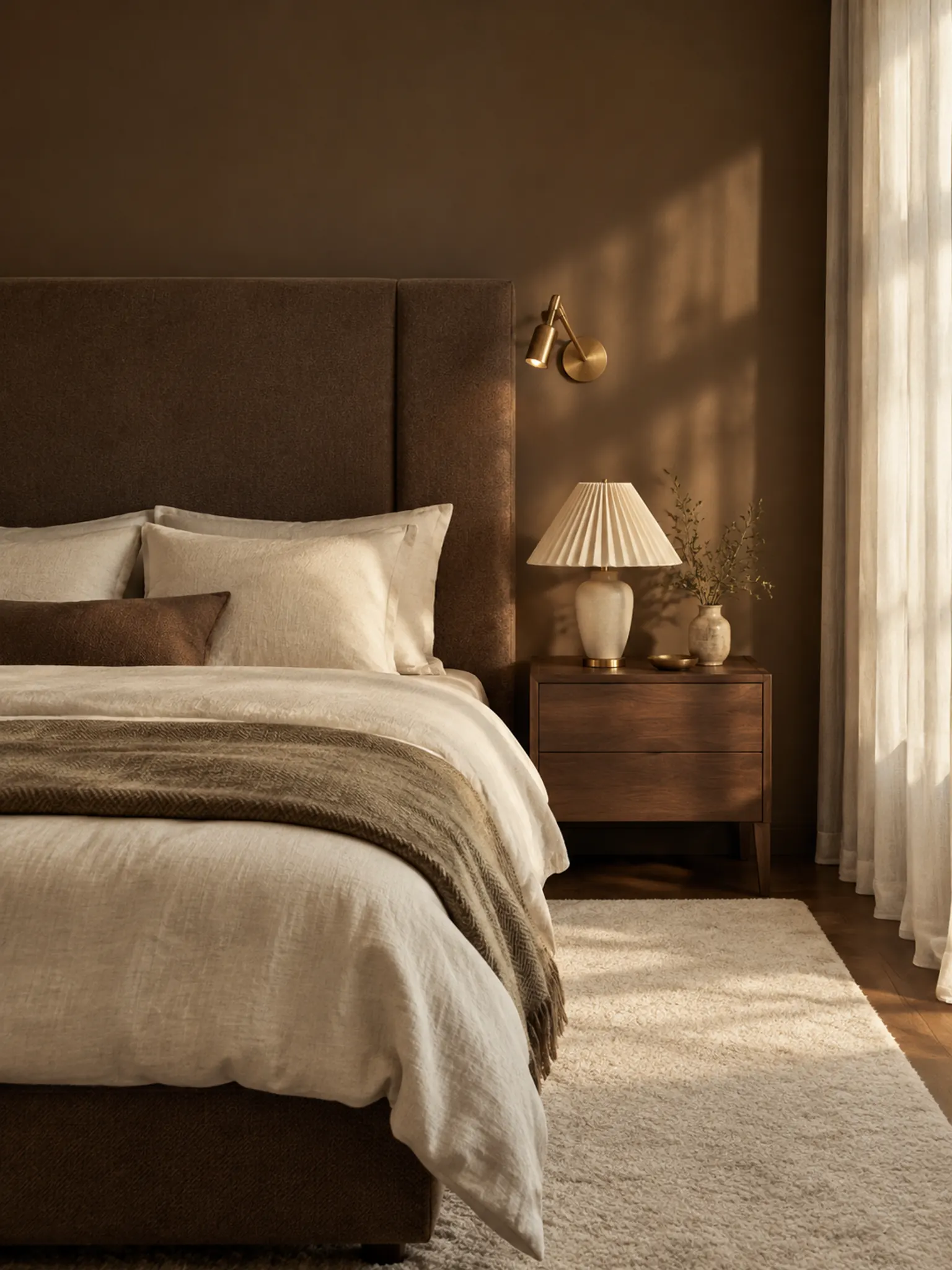 Bedroom with chocolate brown walls, a matching upholstered headboard, cream linen bedding and a walnut nightstand