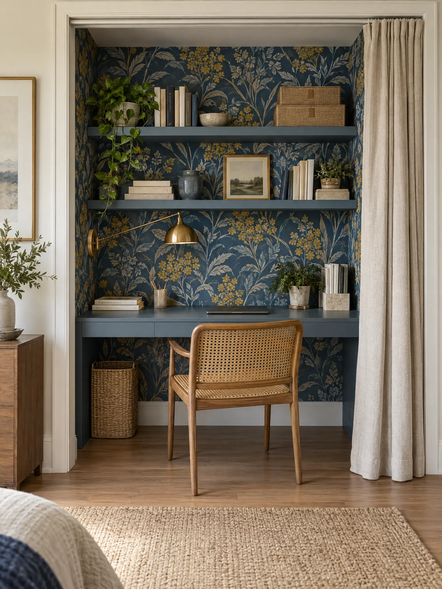 Closet office (cloffice) with a wall-to-wall desk, shelves, patterned wallpaper and a curtain