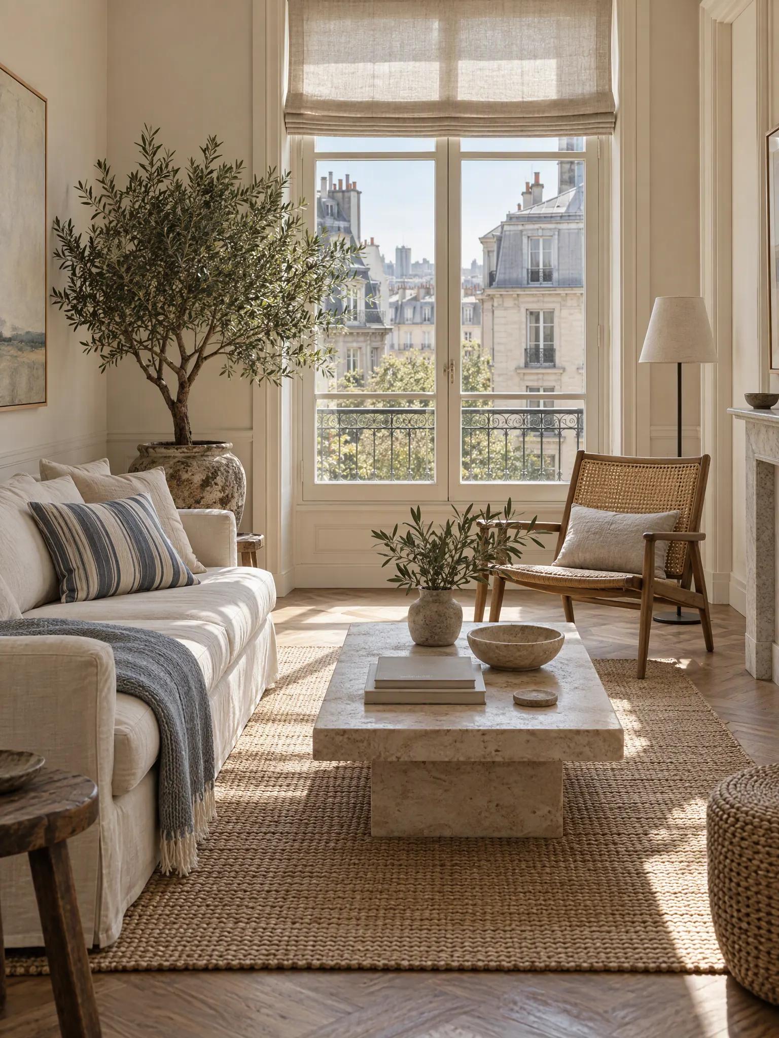 Coastal style apartment living room with sand walls, a linen sofa, a cane armchair, a sisal rug, a potted olive tree and a window onto city rooftops