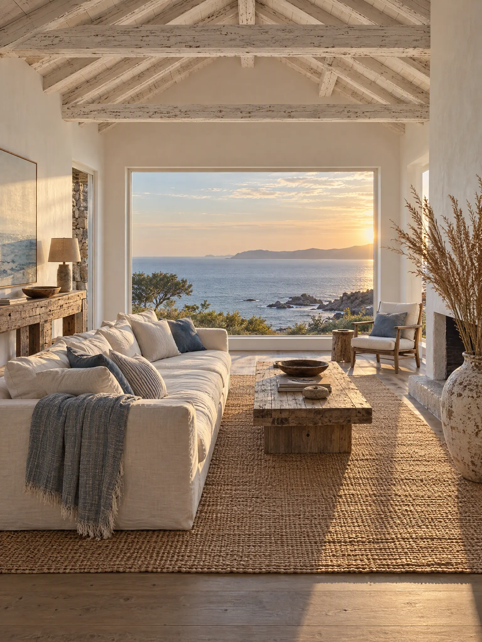 High-ceilinged coastal living room with whitewashed beams, a deep linen sofa facing a sea view, a reclaimed-wood console and a jute rug
