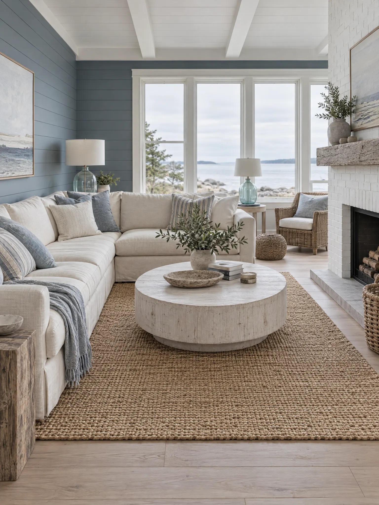 Coastal living room with a slate-blue shiplap accent wall, a cream linen sectional, a whitewashed coffee table and a white brick fireplace