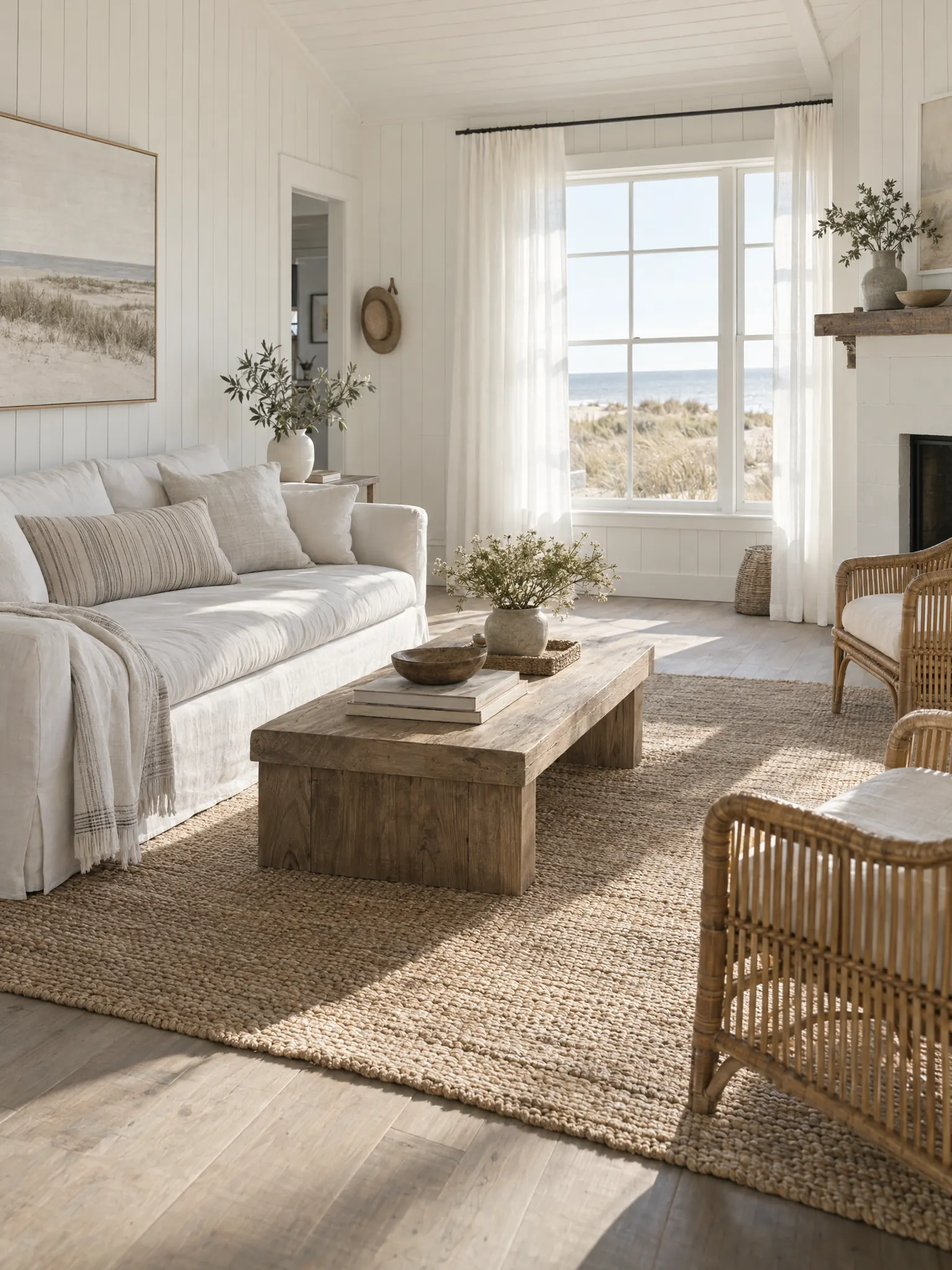 Coastal cottage living room with white tongue-and-groove walls, a slipcovered linen sofa, rattan armchairs and a jute rug