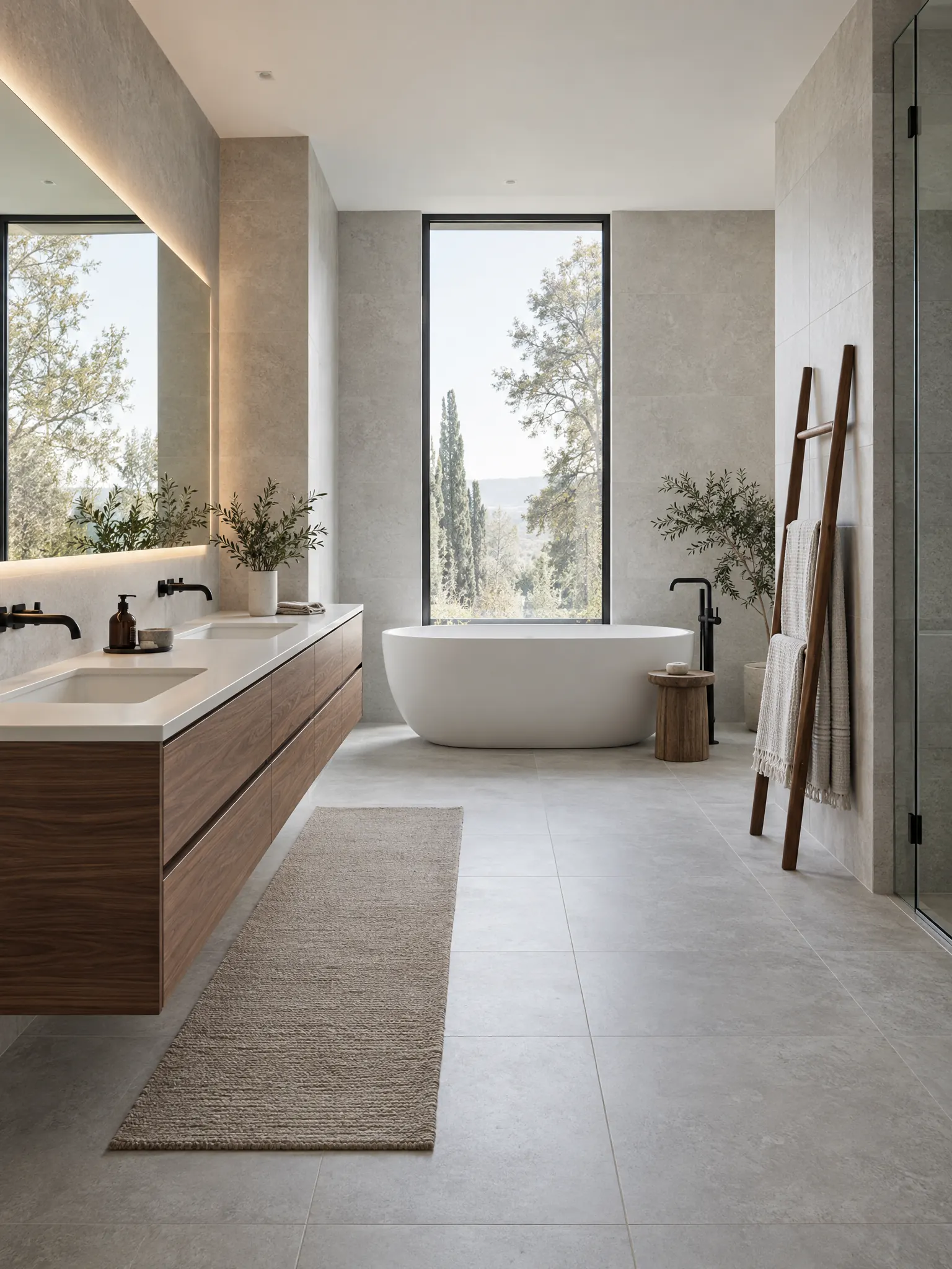 Contemporary bathroom with a floating double vanity, a backlit mirror and a freestanding tub under a window