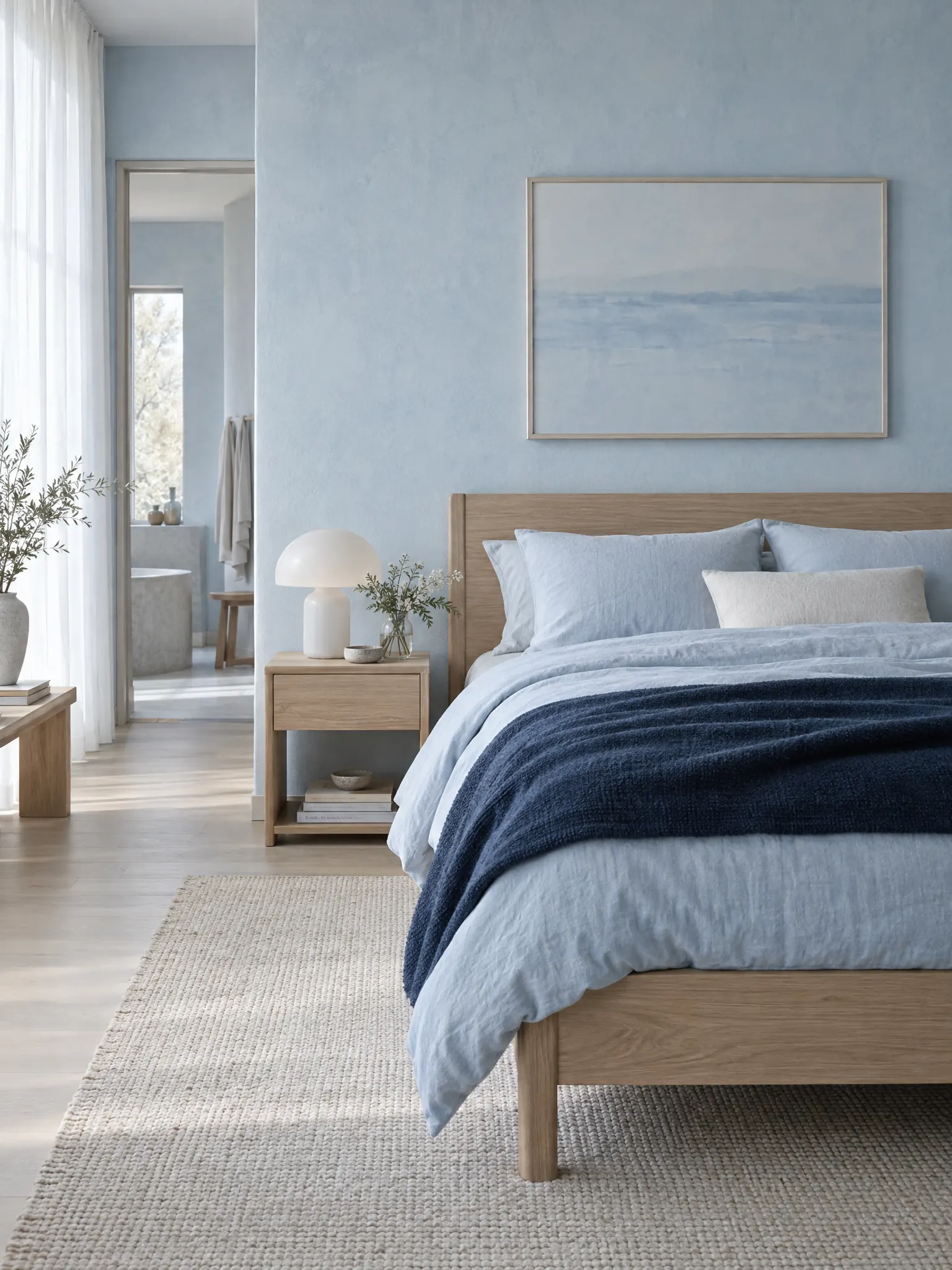 Cool blue bedroom with pale blue walls and bedding, a white oak bed, a frosted glass lamp and a dark blue throw
