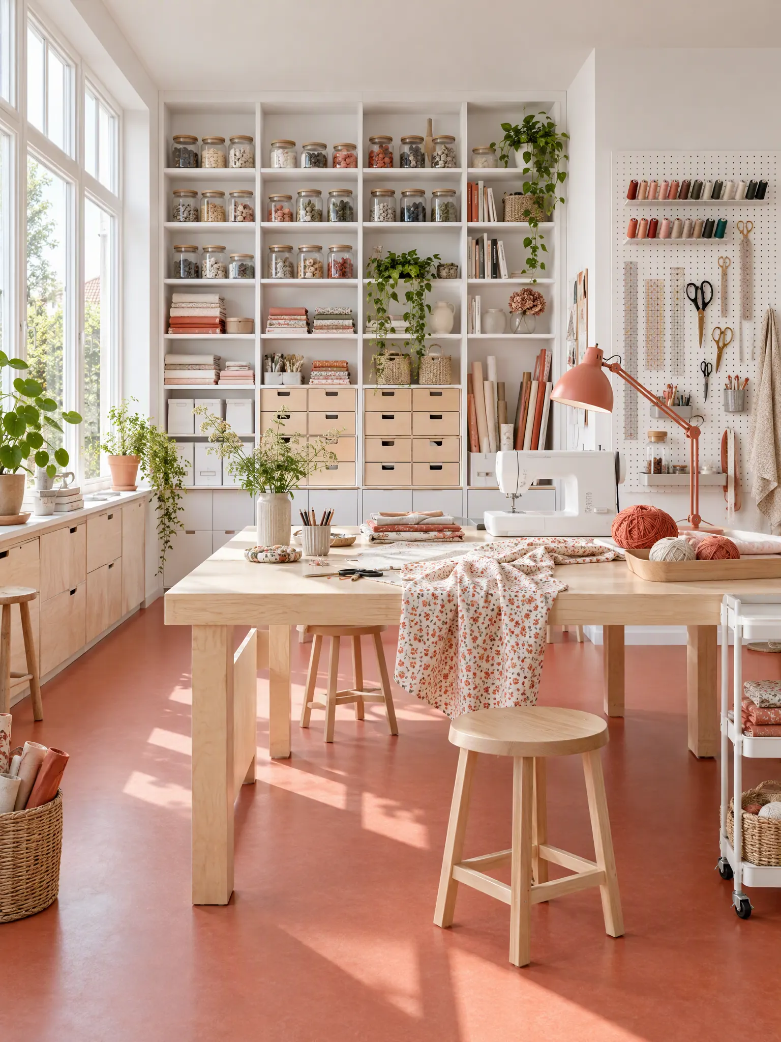 Craft room with a large central worktable, a wall of labelled jars and drawers and a pegboard of tools