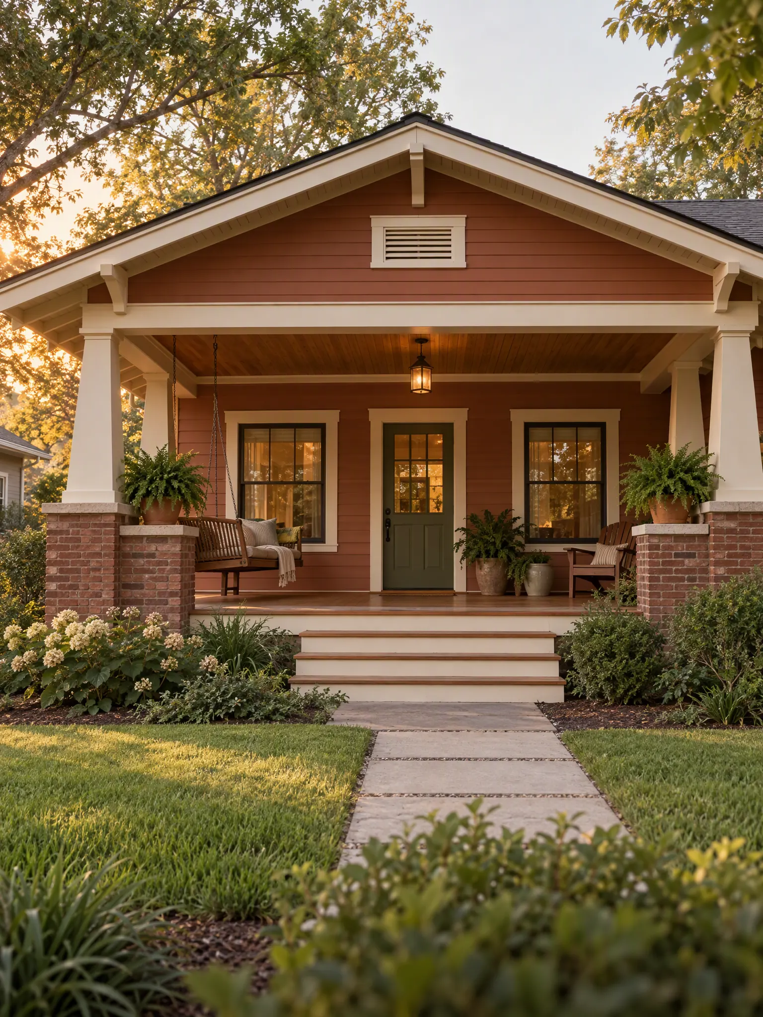 Bungalow with a wide gable over a deep front porch, terracotta siding with cream trim, a porch swing and potted ferns