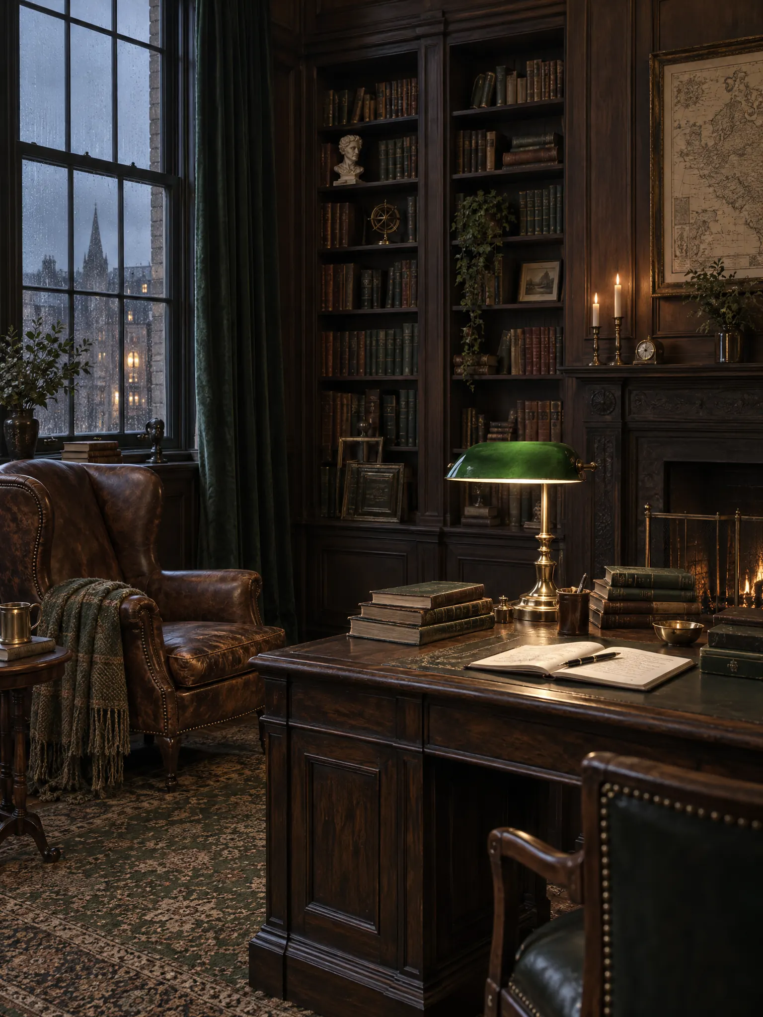 Dark academia study with dark wood panelling, a leather wing chair, stacks of books, a green desk lamp and candles