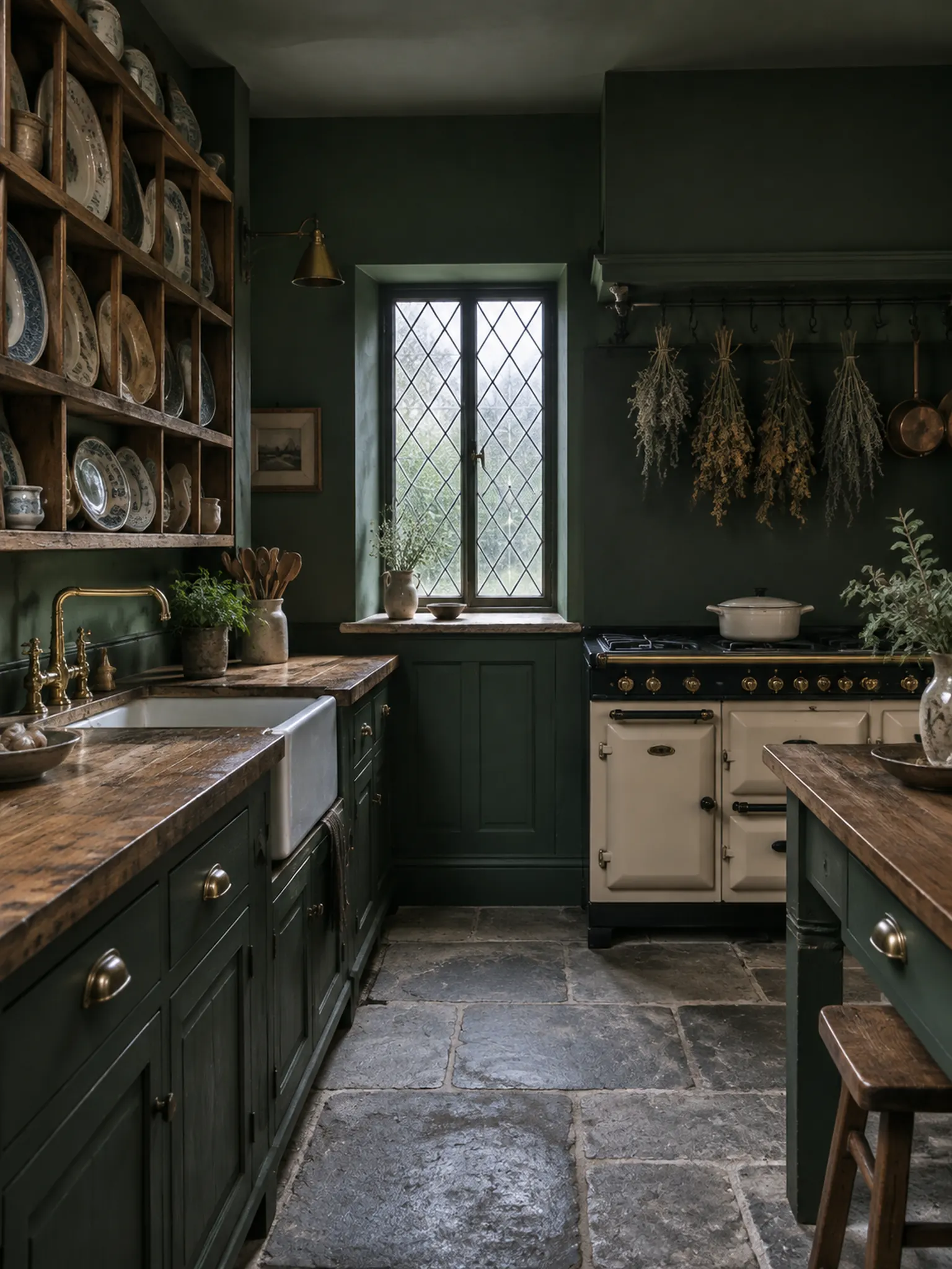 Dark cottagecore kitchen with hunter green cabinets, an open plate rack, a stone floor and dried herbs