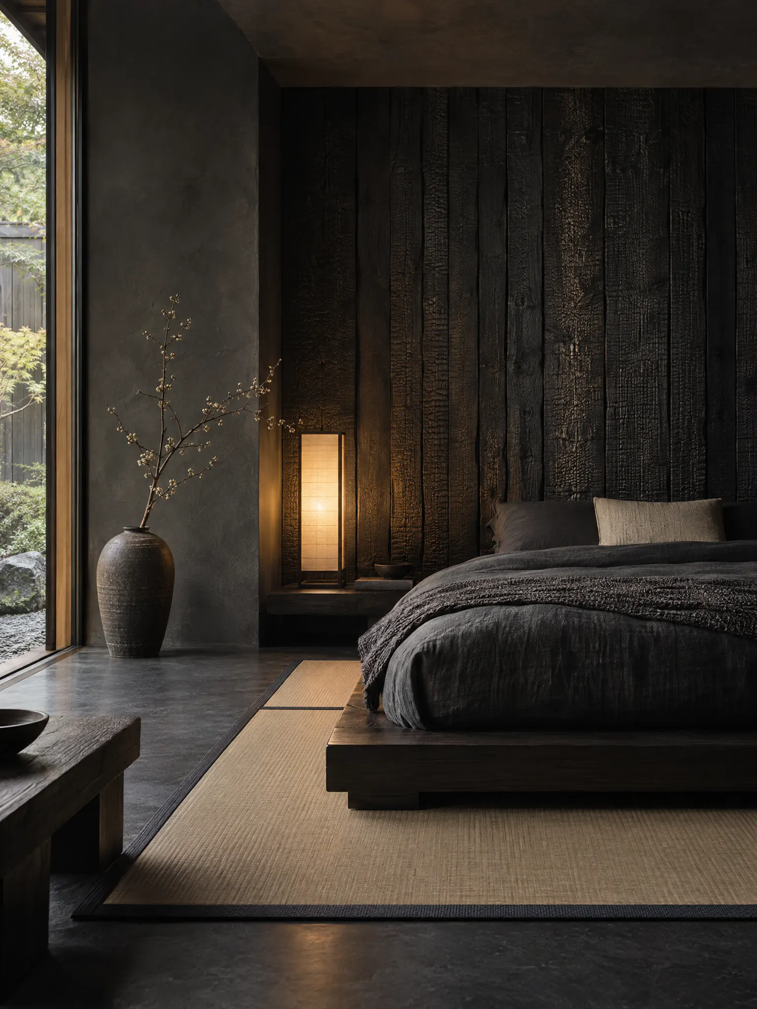 Dark modern Japanese bedroom with charcoal clay walls, a charred shou sugi ban timber accent wall behind a low dark bed, a paper floor lamp and a branch in a stoneware vase
