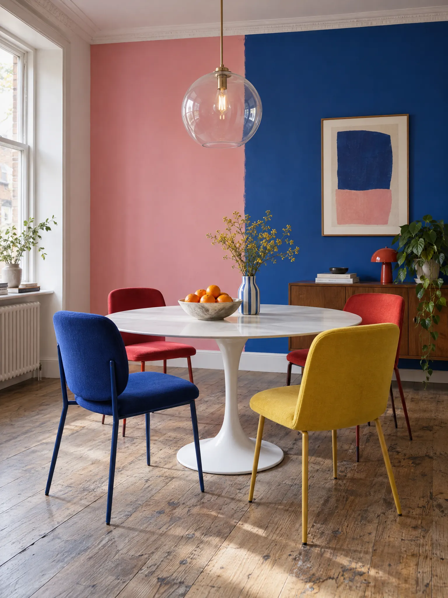 Colour-block dopamine dining room with cobalt, red and yellow chairs around a white tulip table