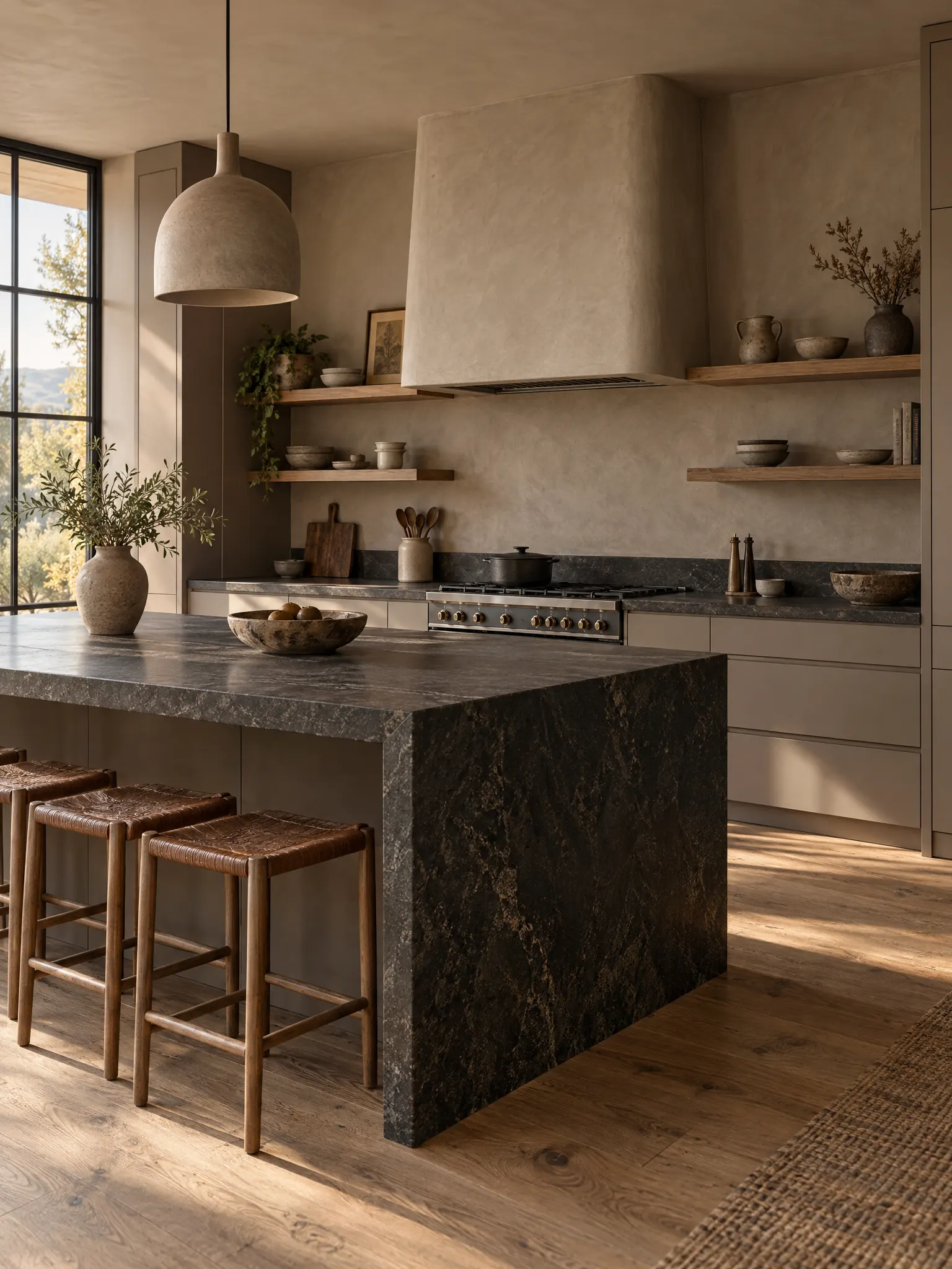 Earthy modern kitchen with mushroom-coloured cabinets, a clay plaster hood and a rough stone counter