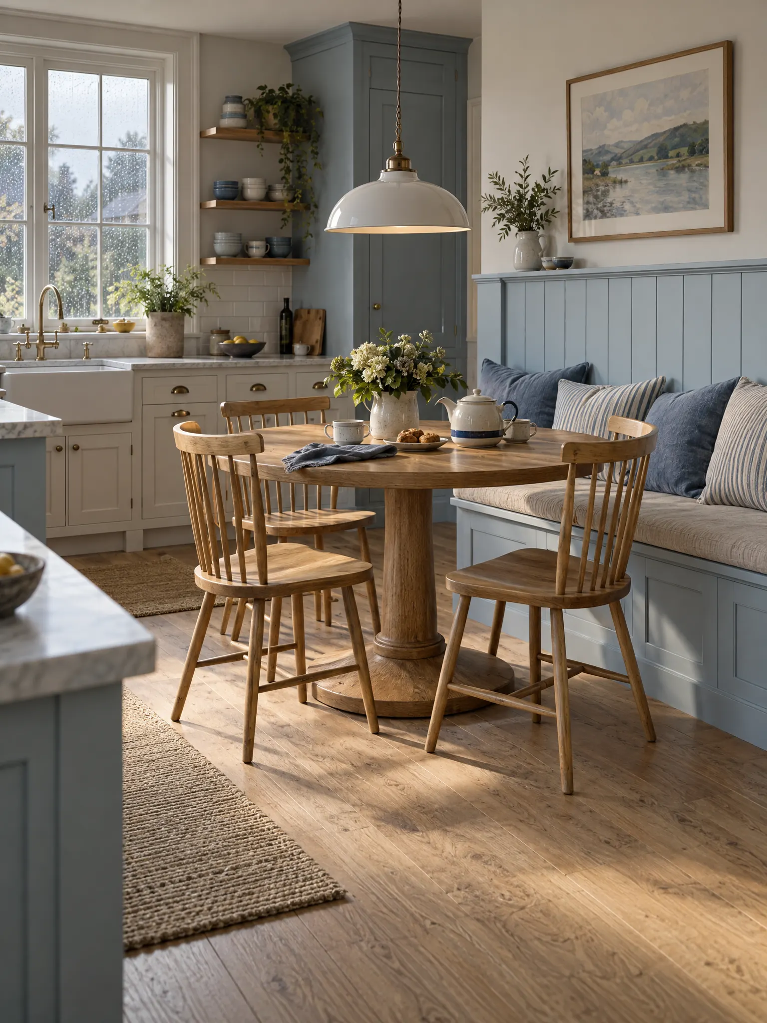 Eat-in kitchen dining corner with a round table, chairs, a wall bench and a low pendant