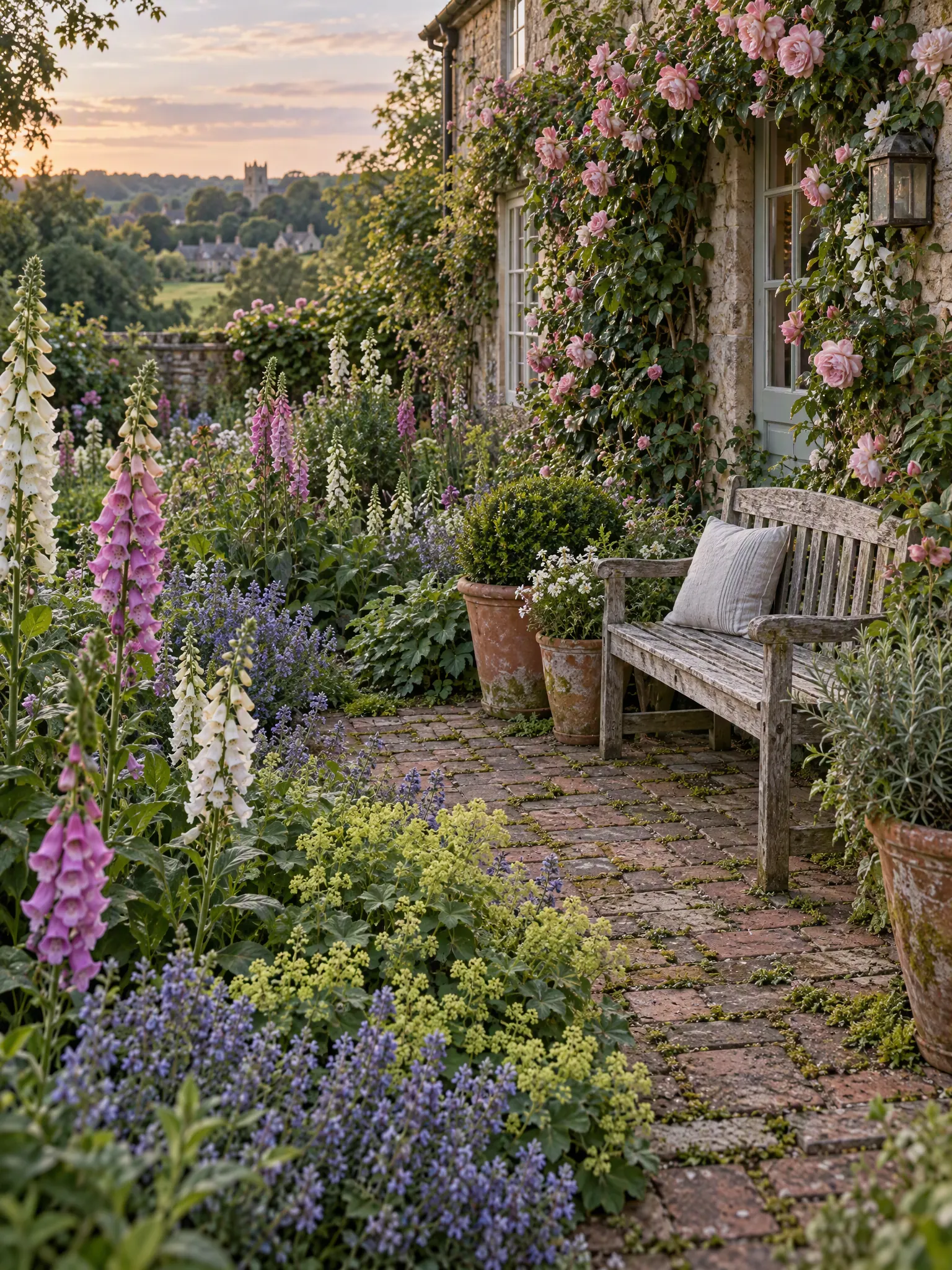 English cottage garden patio in brick, surrounded by foxgloves, roses and catmint, with a weathered bench
