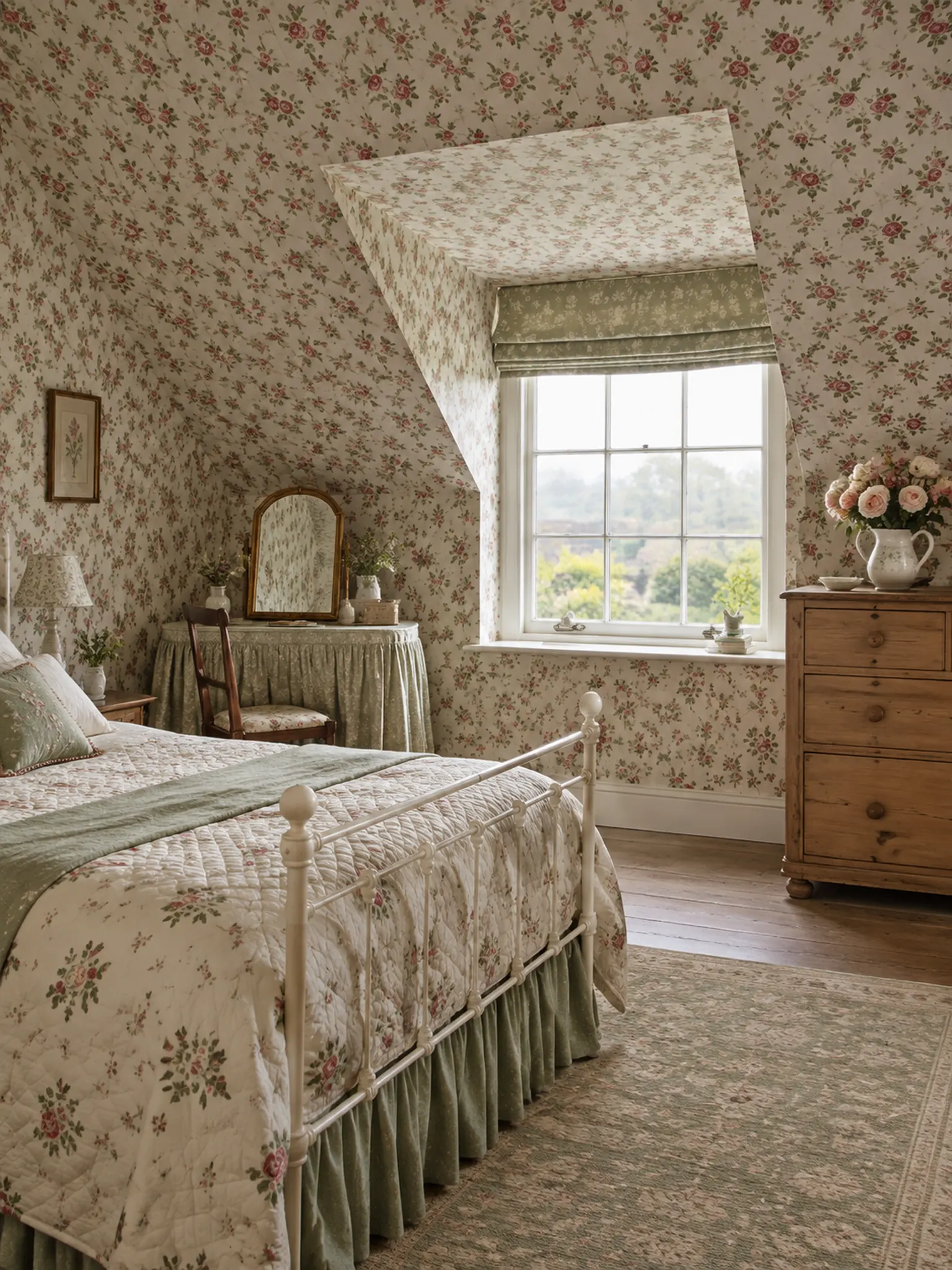 English country bedroom with small floral wallpaper on the walls and sloping ceiling and a painted iron bed