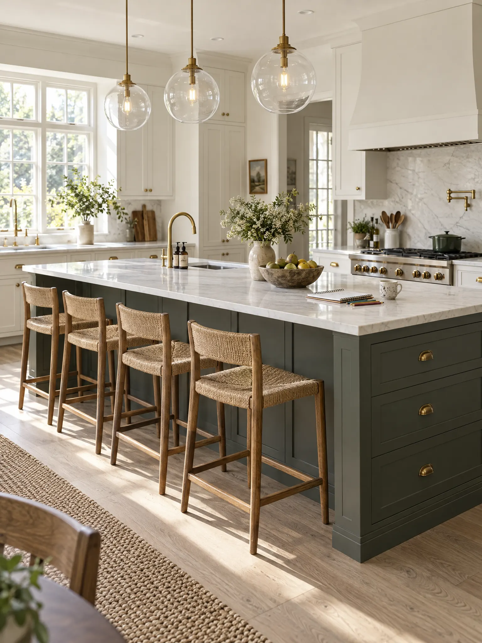 Family kitchen with a long island with stools on one side, deep drawers and three pendant lights