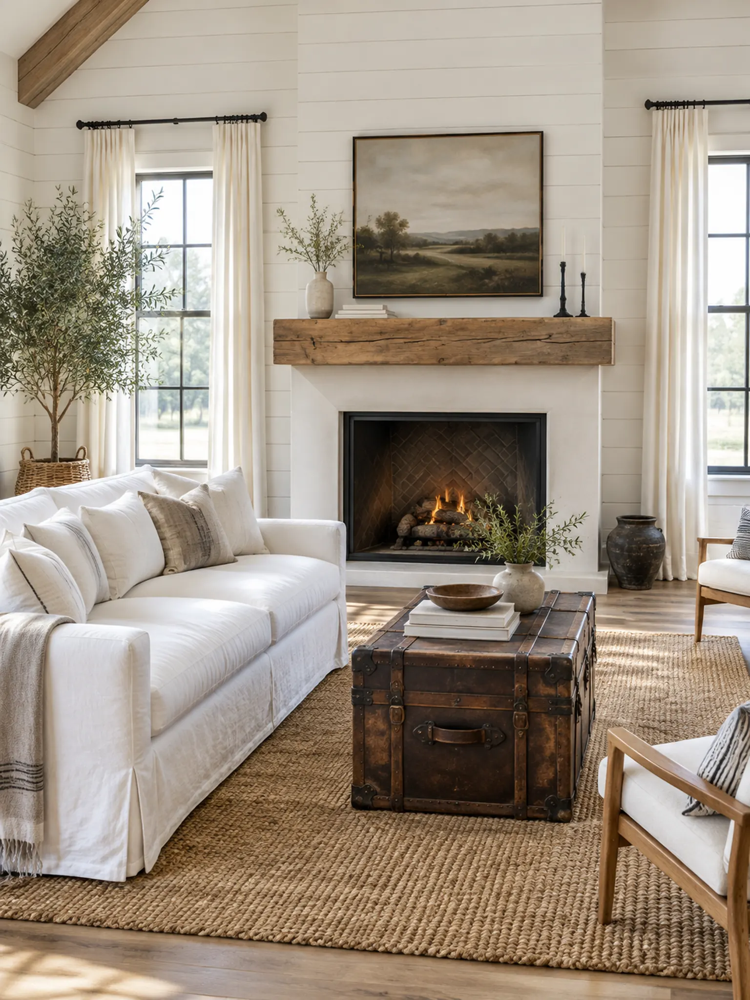 Farmhouse living room with white shiplap walls, a reclaimed-wood mantel, a slipcovered sofa and a vintage trunk coffee table