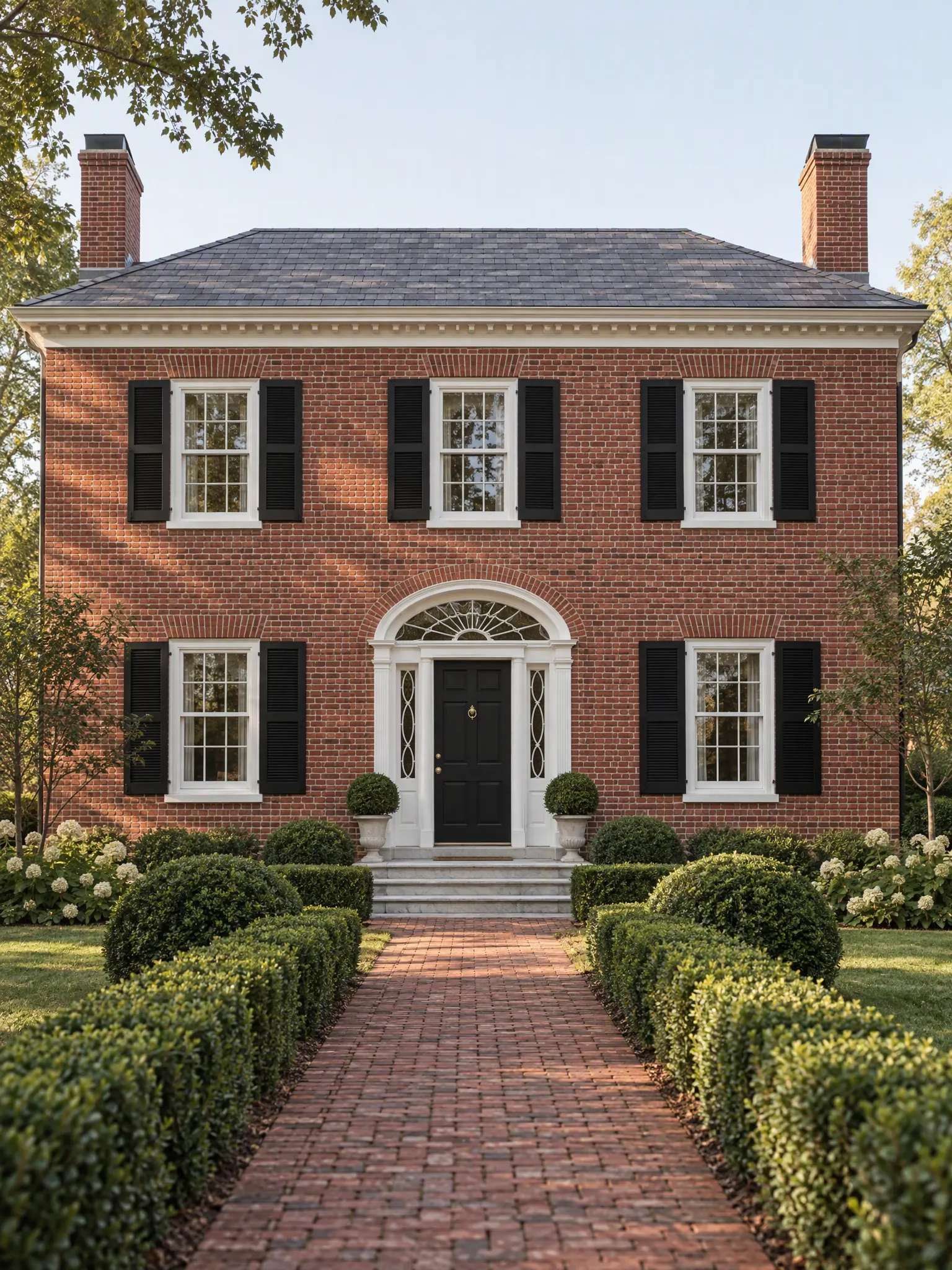 Symmetrical red-brick Federal house with a fanlight over the door, multi-pane windows, black shutters and boxwoods