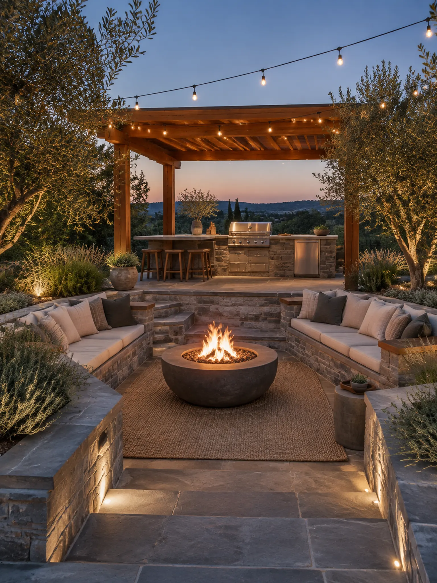 Sunken stone terrace with built-in benches around a fire pit, an outdoor kitchen under a timber pergola and string lights