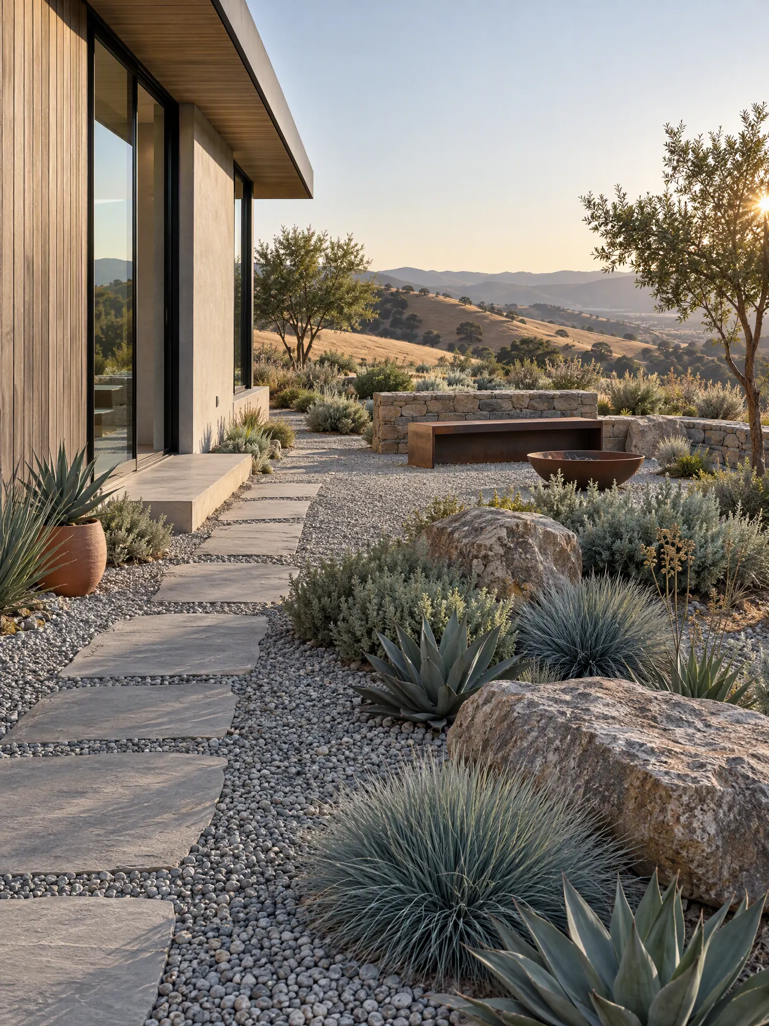 Fire-wise gravel garden with a wide stone zone around the house and low, well-spaced drought-tolerant plants