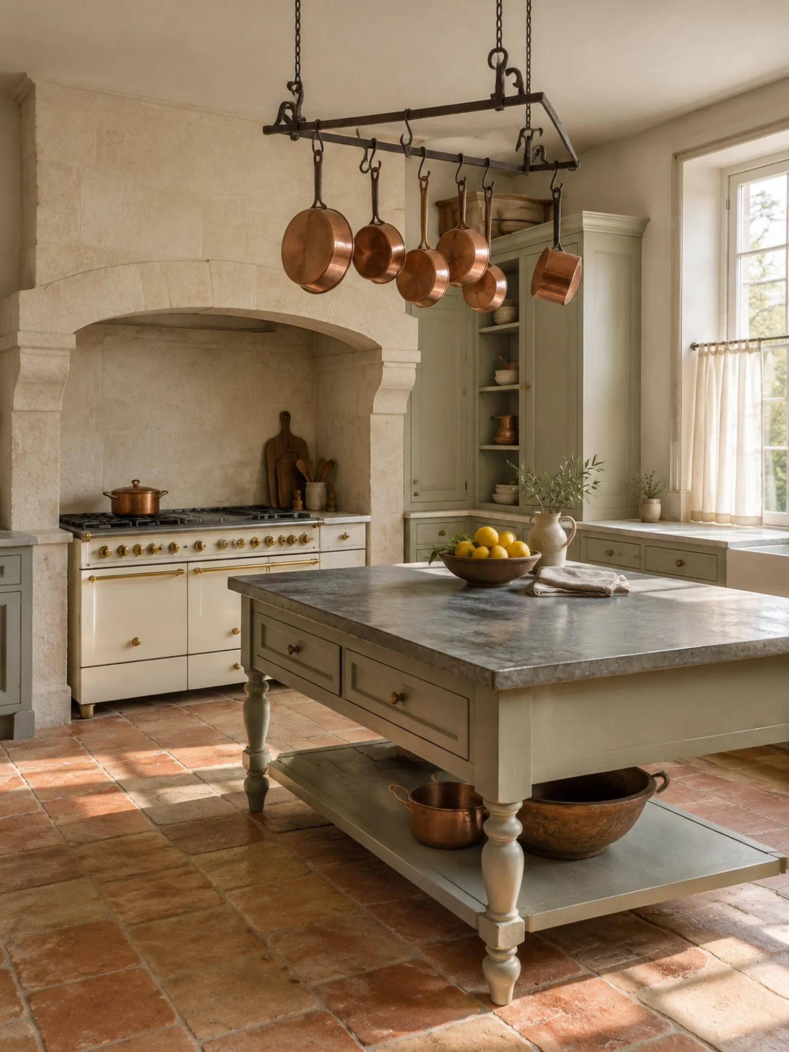 French country kitchen with a cream range in a limestone surround, a zinc-topped island, copper pans and terracotta tiles
