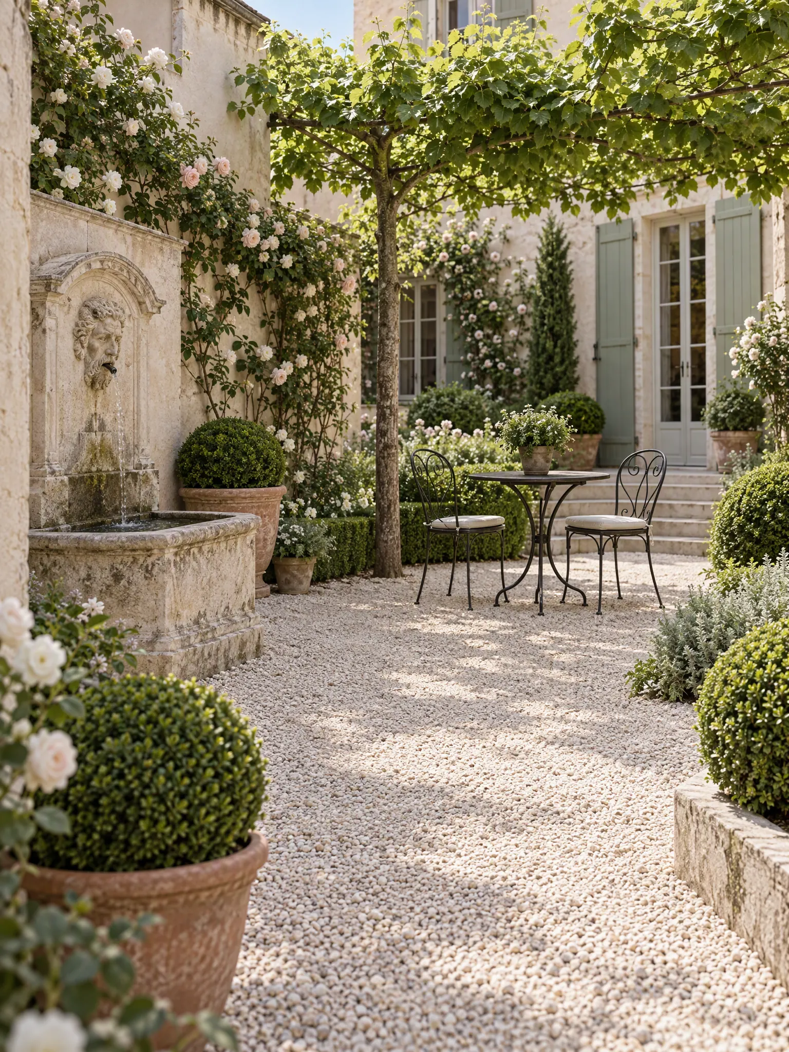 Small French courtyard with pale gravel, clipped box balls, a wall fountain, a bistro table and climbing roses