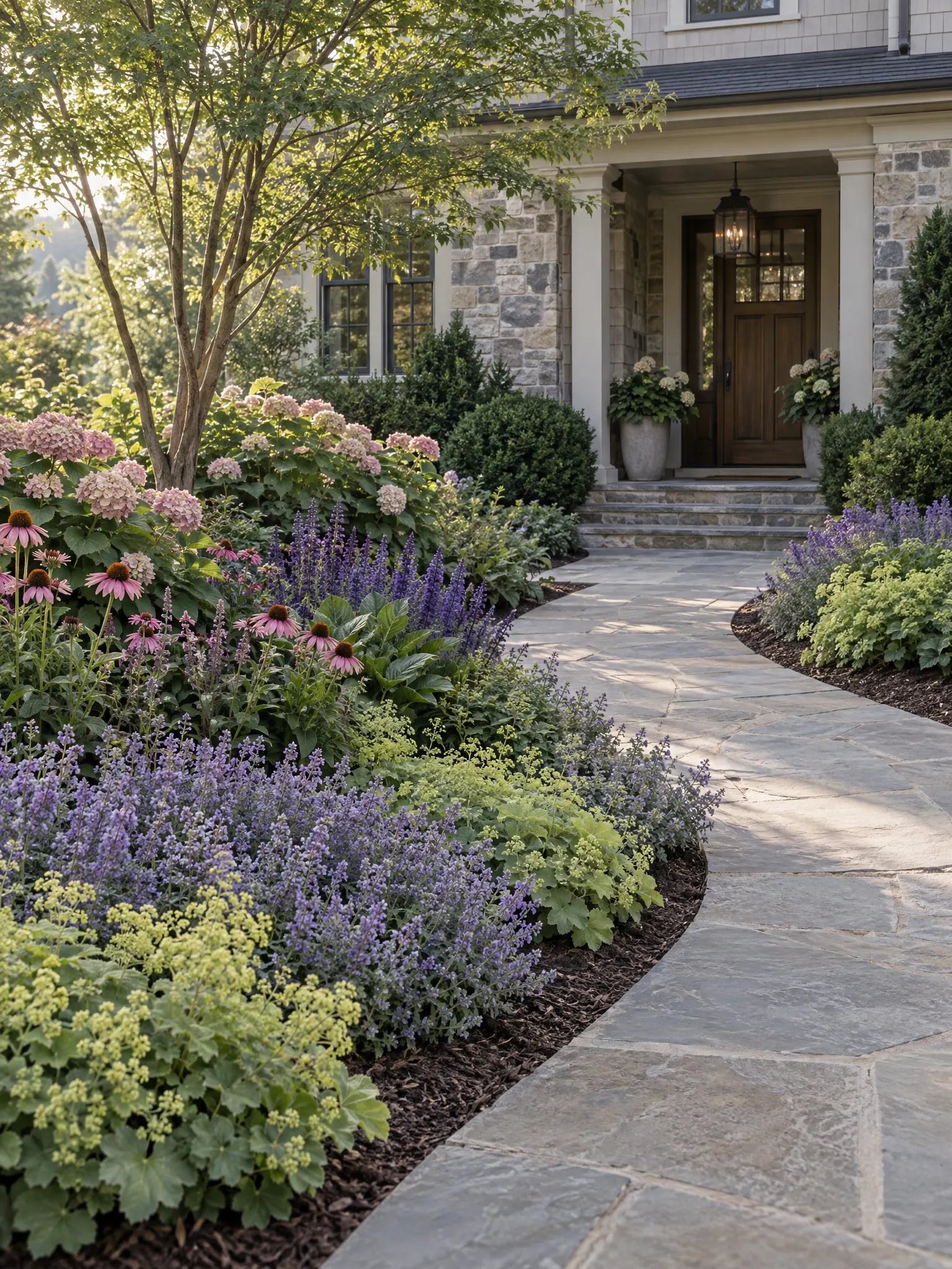 Front yard with a curving path to the door through layered beds of low edging plants, perennials and shrubs