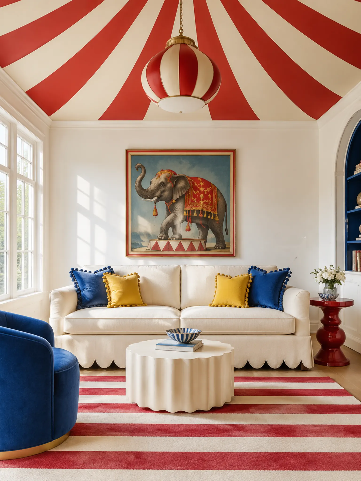 FunHaus living room with a red and cream striped ceiling, a scalloped sofa, tasselled cushions and a vintage poster