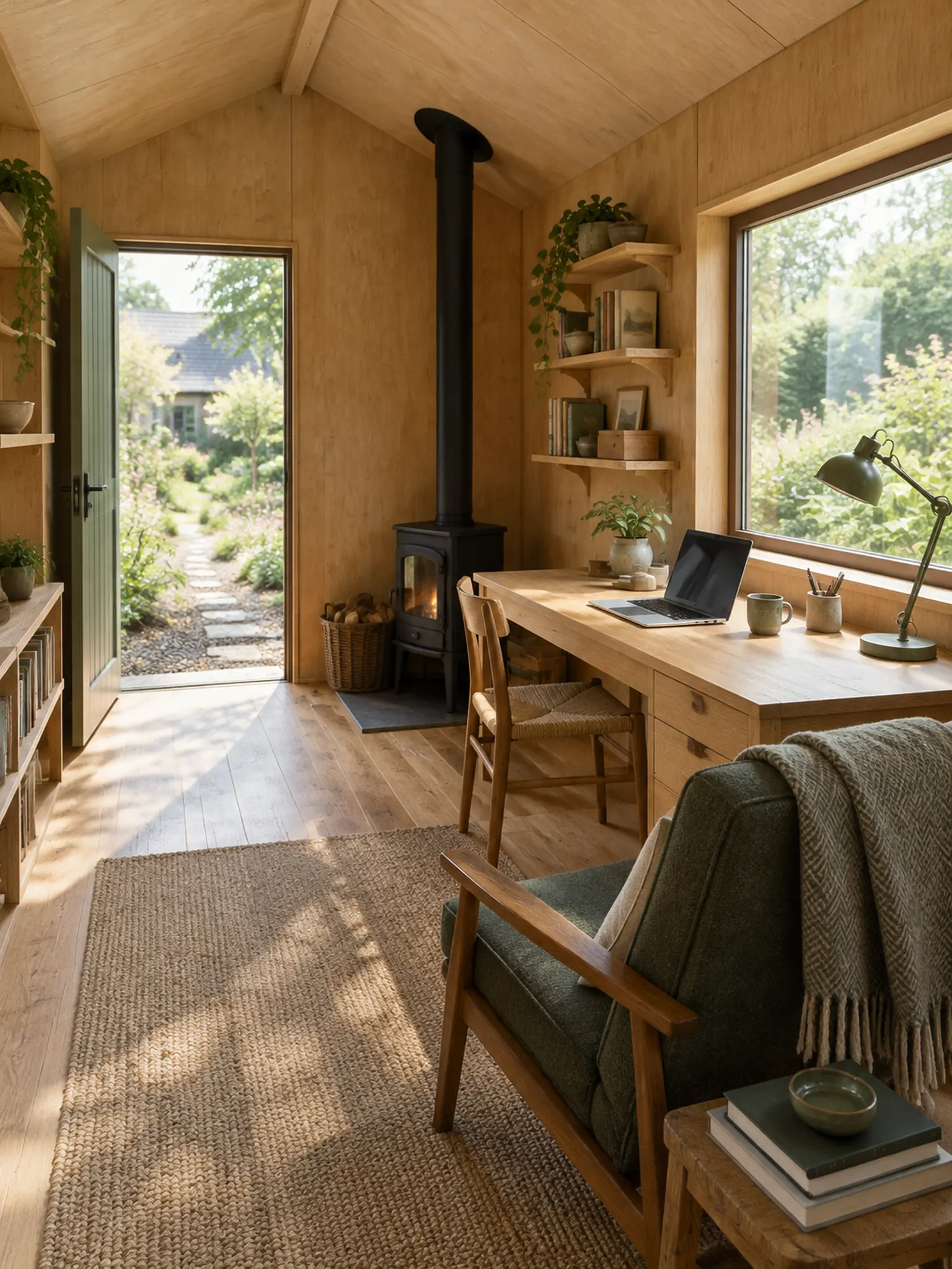 Timber garden shed office with a desk under a large window, a reading chair and shelves