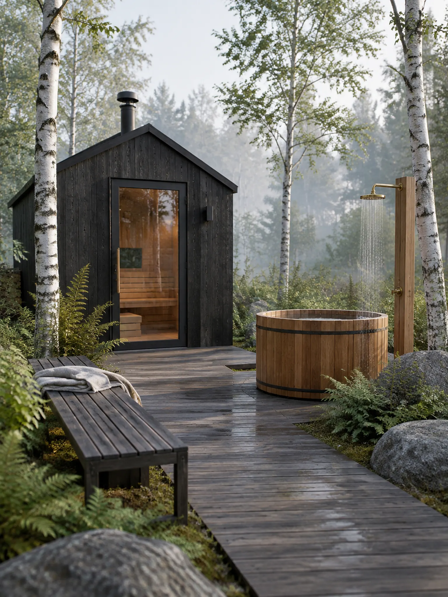 Garden sauna in black timber with a round cedar cold-plunge tub, an outdoor rain shower and birch trees