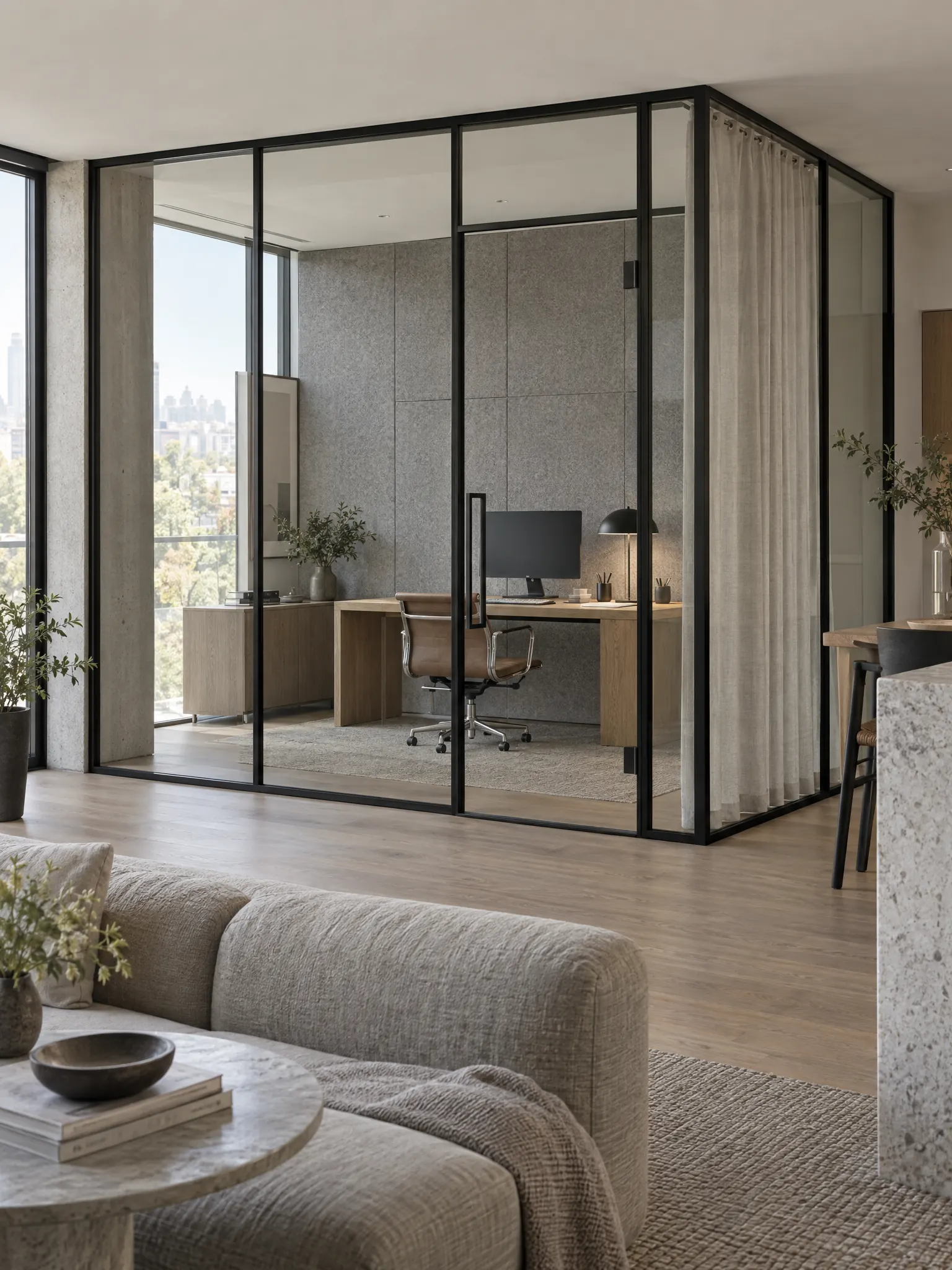 Home office behind a black steel and glass partition within an open living space