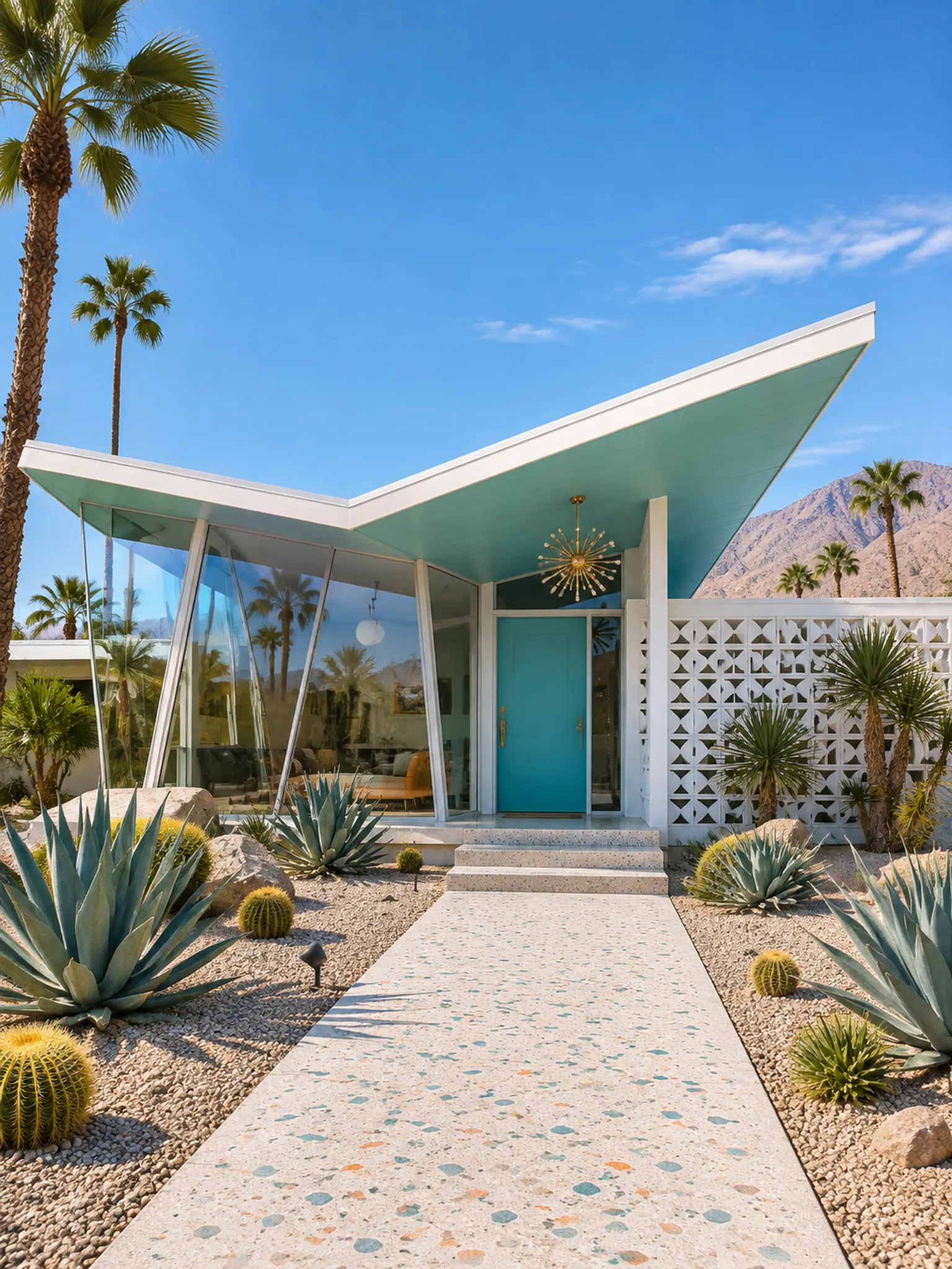 Single-storey Googie house with an upswept butterfly roof, angled glass, breeze blocks and a turquoise door