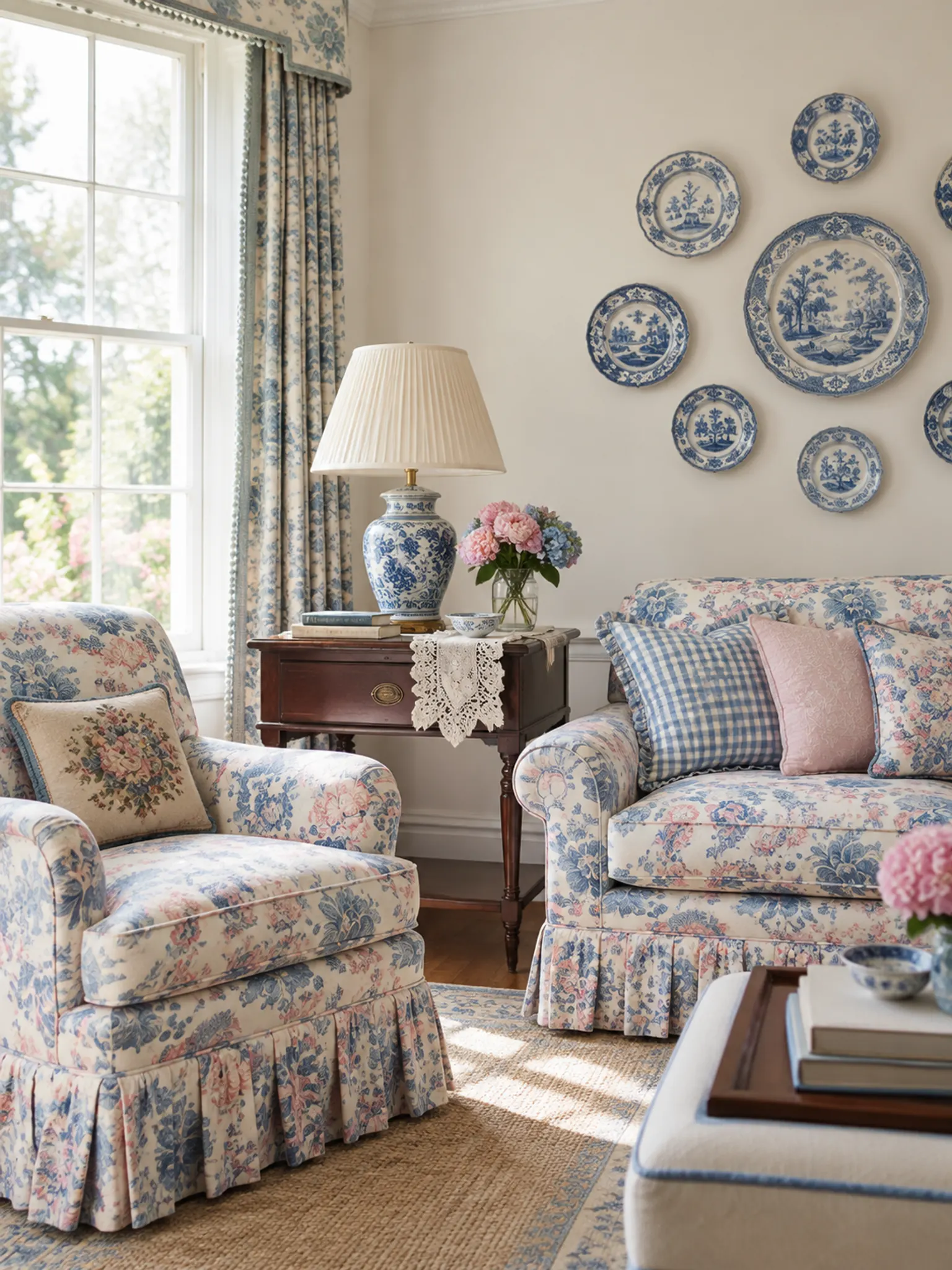 Grandmillennial living room with a skirted chintz armchair, a pleated lampshade and blue-and-white plates on the wall