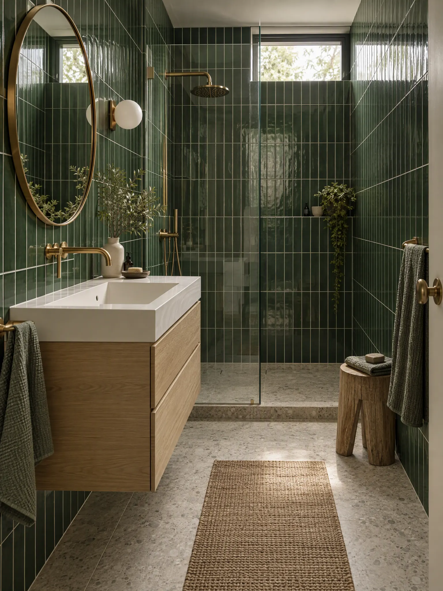 Narrow bathroom lined in glossy forest green vertical tiles with a pale oak vanity and brass taps