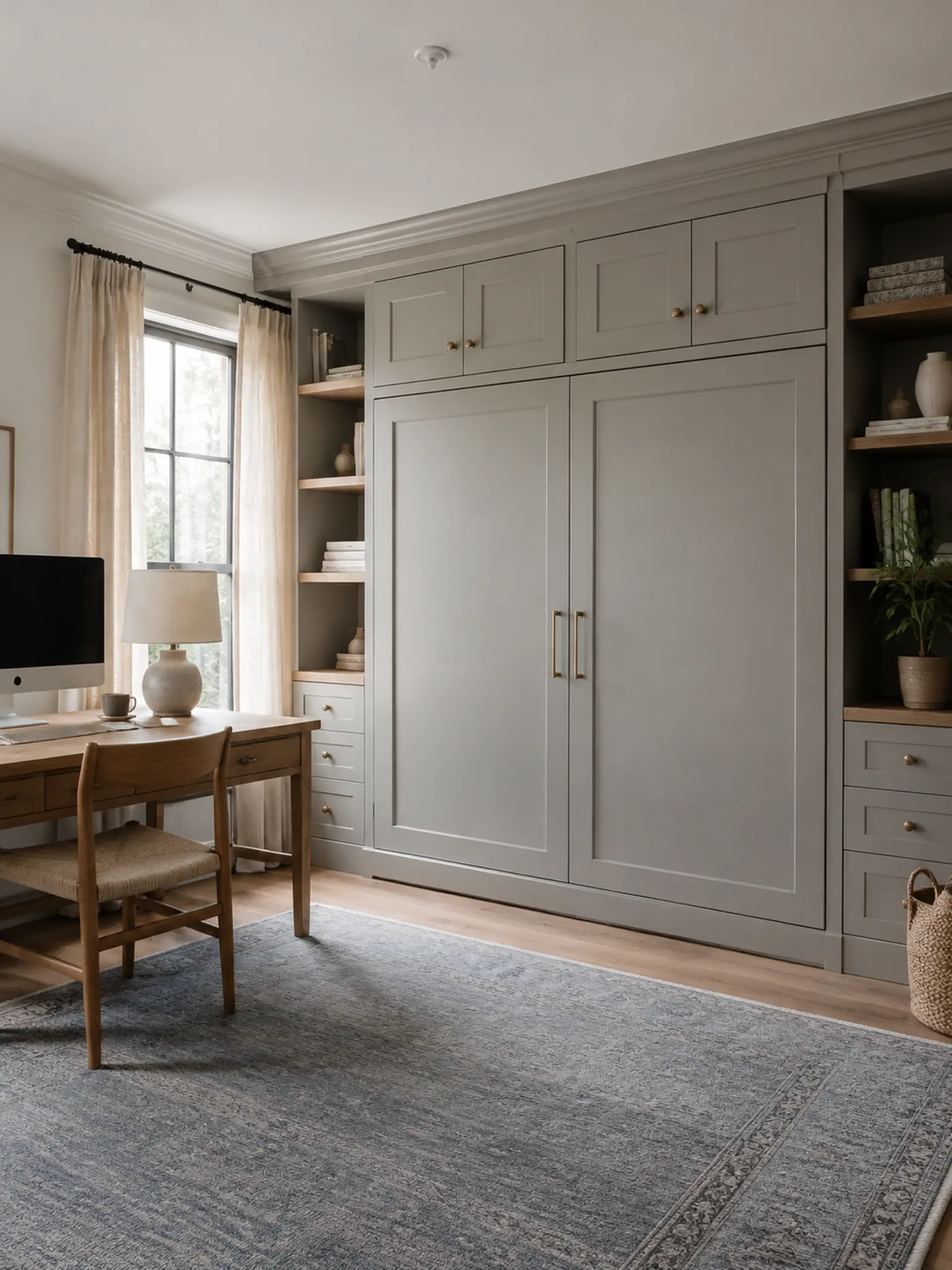 Guest room home office with a fold-away wall bed behind cabinet doors, a desk and shelves