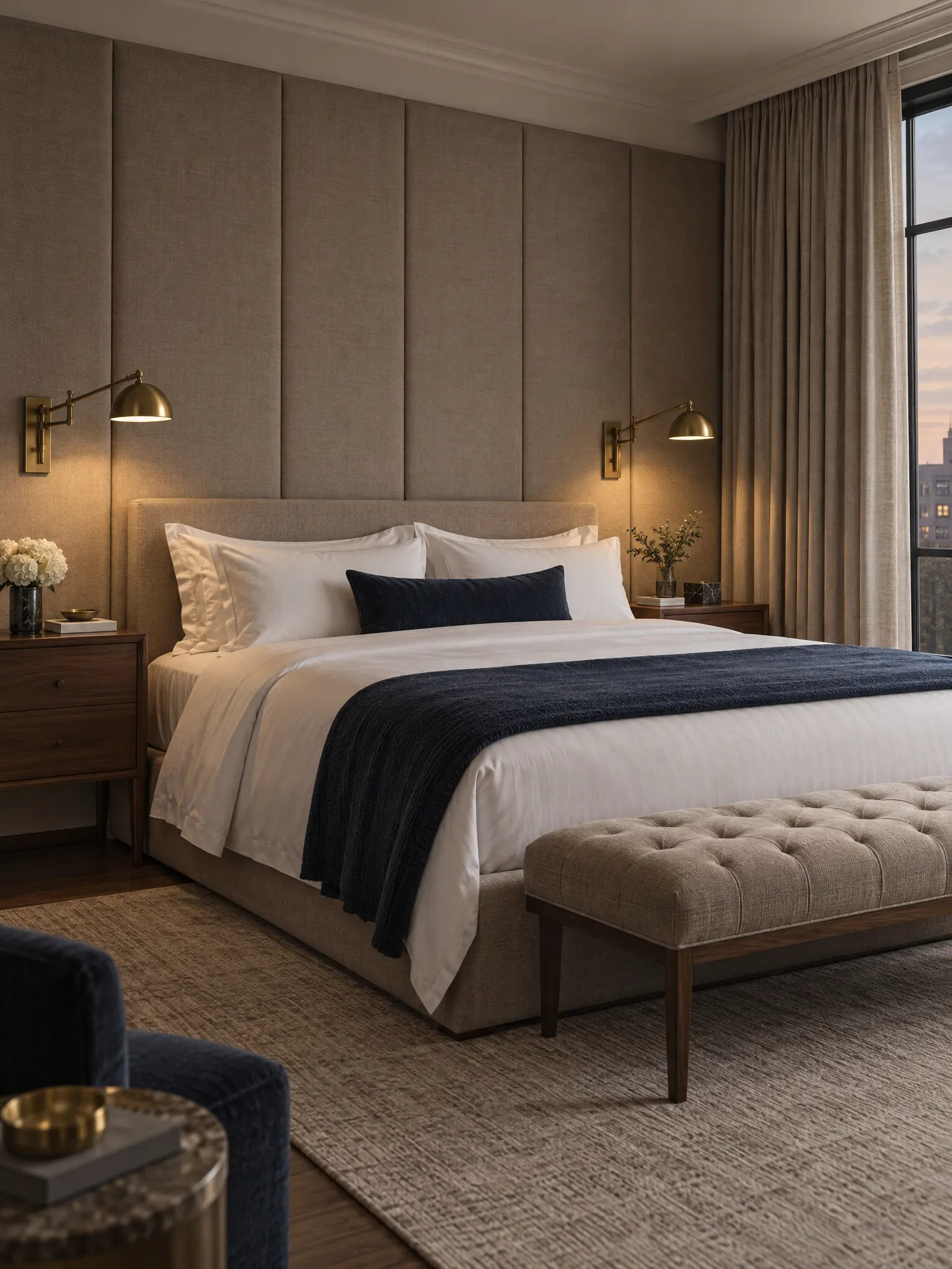 Hotel-style bedroom with a tall upholstered headboard wall, white bedding, matching nightstands, swing-arm sconces and an end-of-bed bench