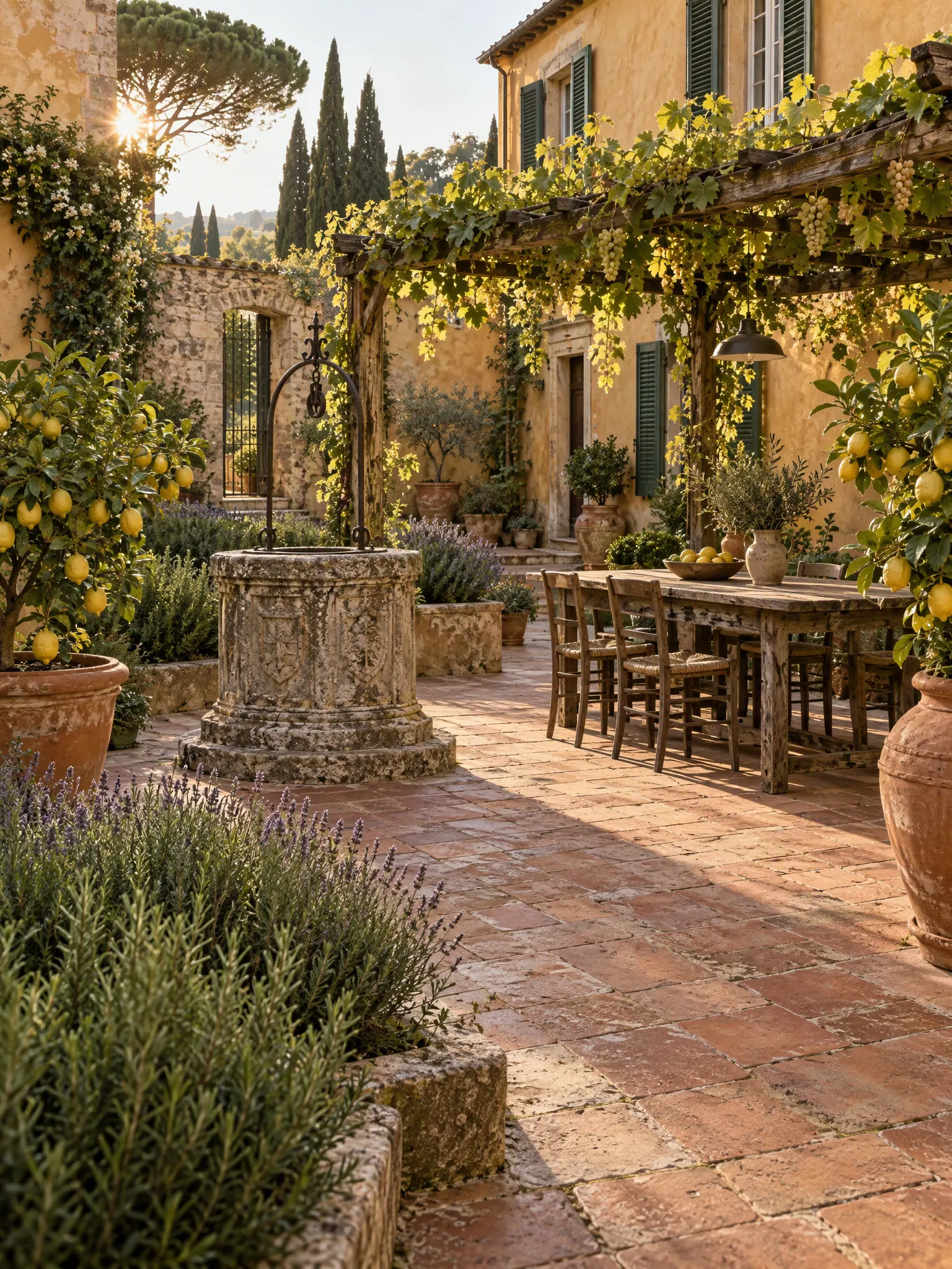 Italian courtyard with terracotta pavers, potted lemon trees, a stone well head and a table under a vine pergola
