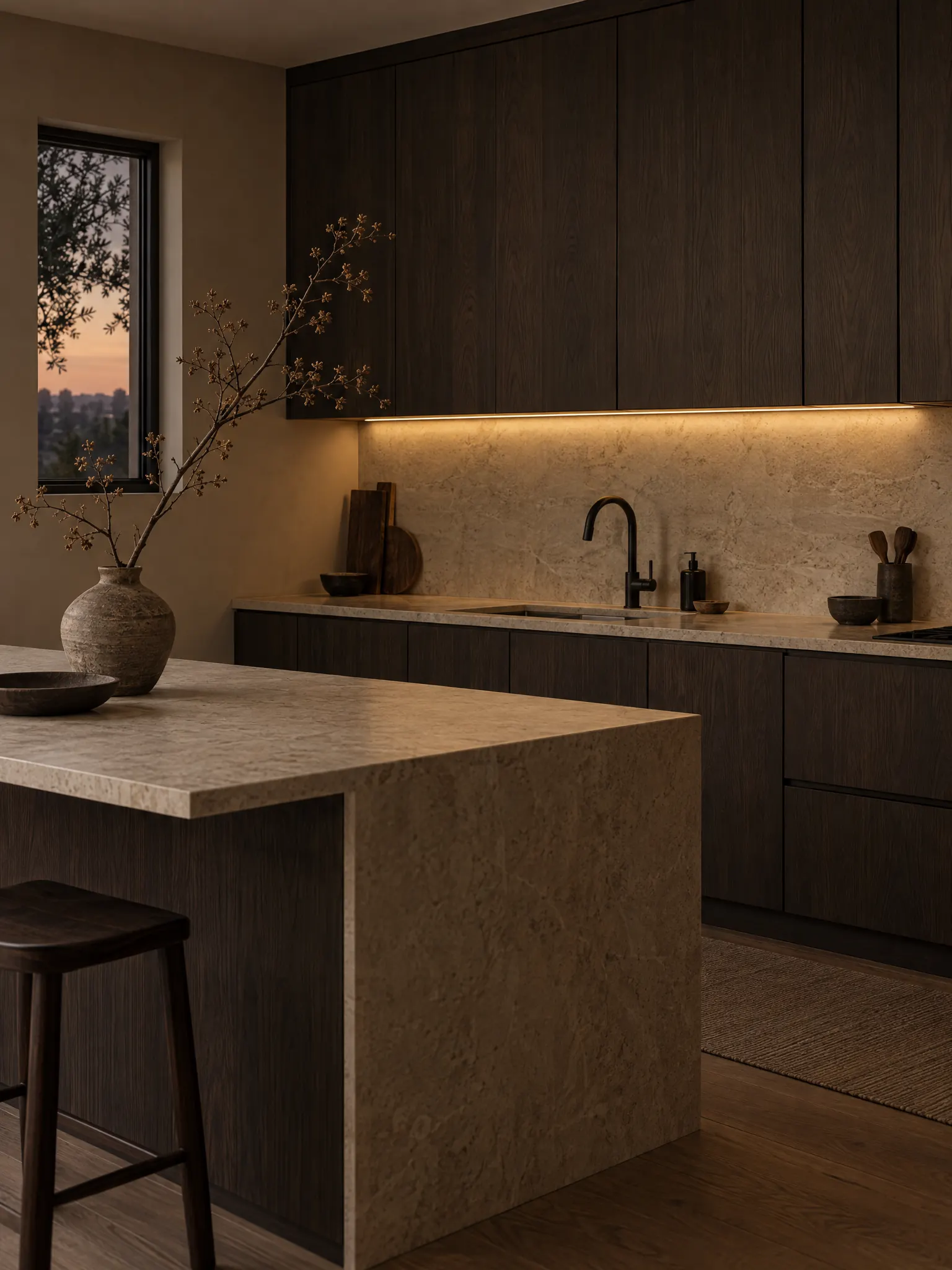 Japandi kitchen with dark-stained ash cabinets, pale stone countertops, a matte black tap and warm under-cabinet lighting