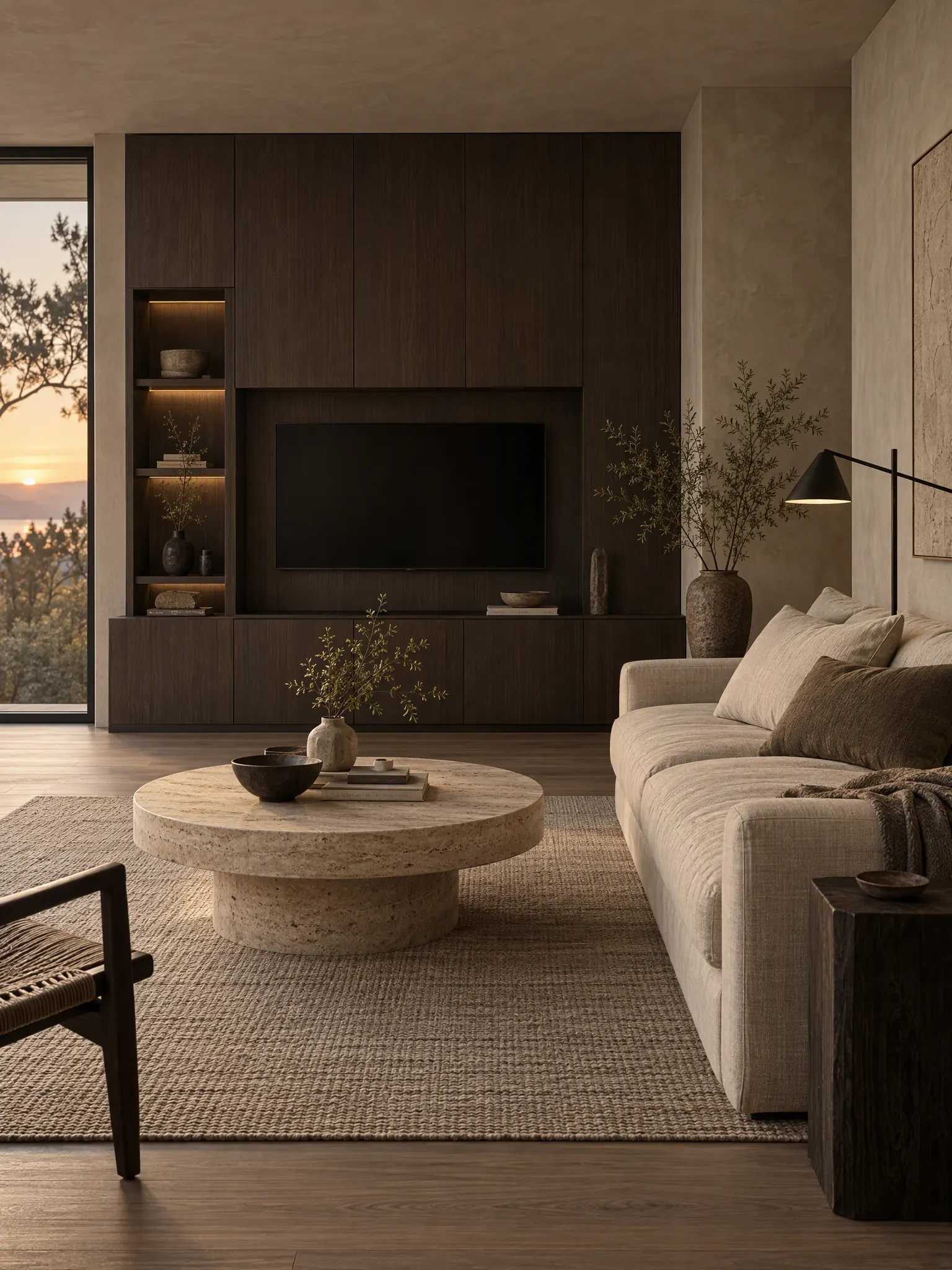 Japandi living room with a dark wood media wall with hidden storage, a pale linen sofa, a round travertine coffee table and greige walls