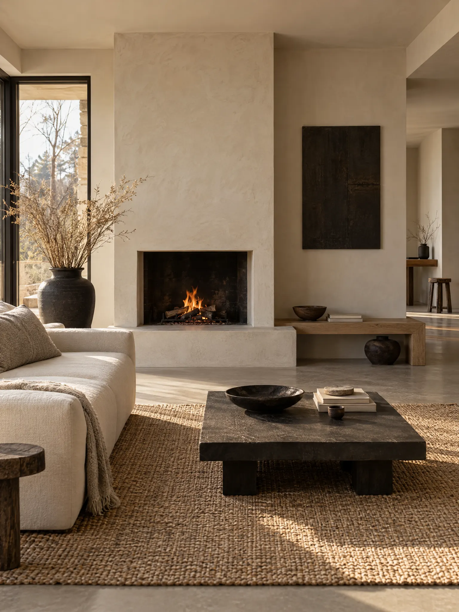 Japandi living room with a plain plaster fireplace, a low oak bench, a cream wool sofa, a jute rug and a black clay vase