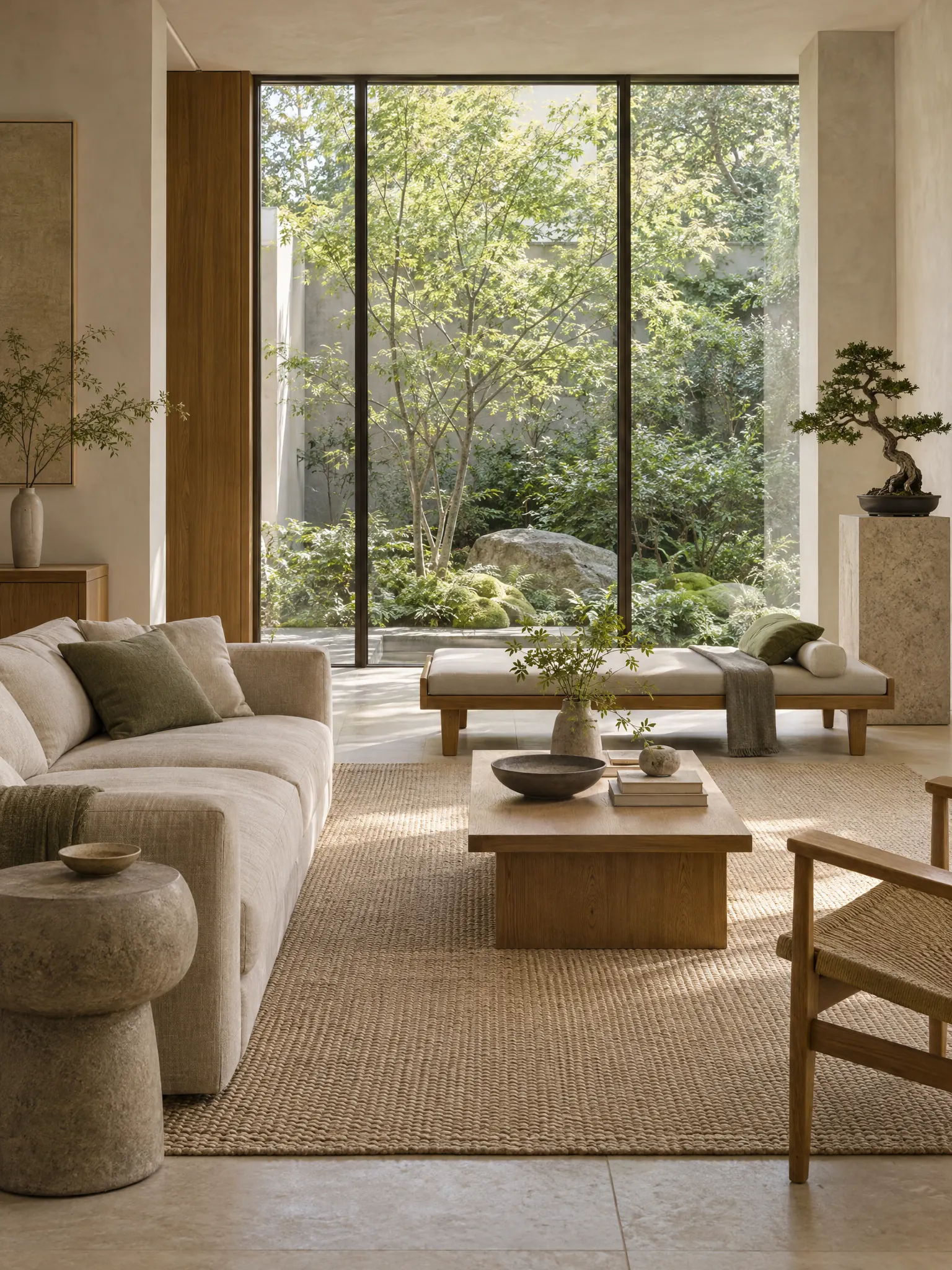 Japandi living room facing a floor-to-ceiling garden window, with a low linen sofa, an oak daybed and a stone side table