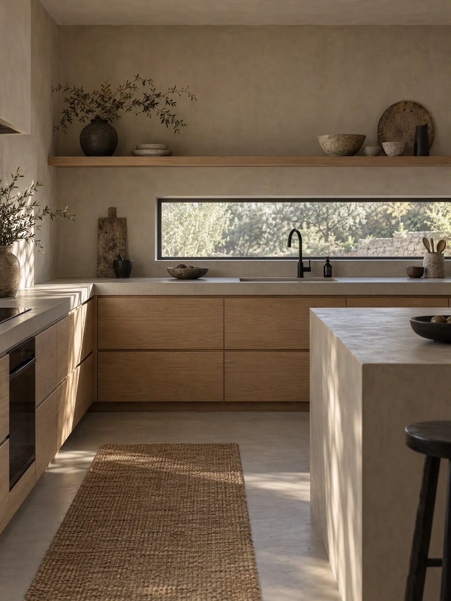 Japandi kitchen with seamless greige microcement walls and countertops, oak base cabinets and a matte black tap