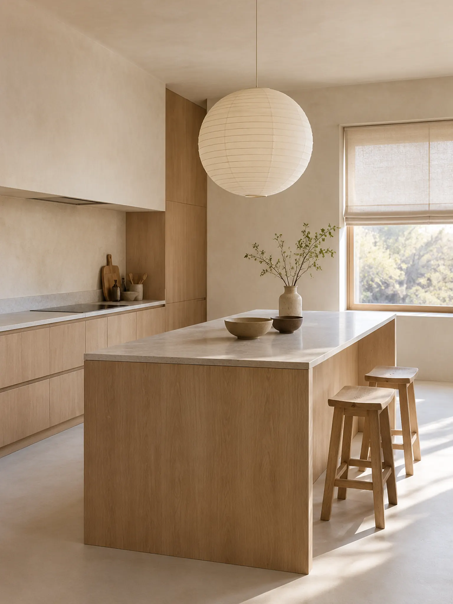Japandi kitchen with handleless light oak cabinets, a long oak island, warm white plaster walls and a paper pendant