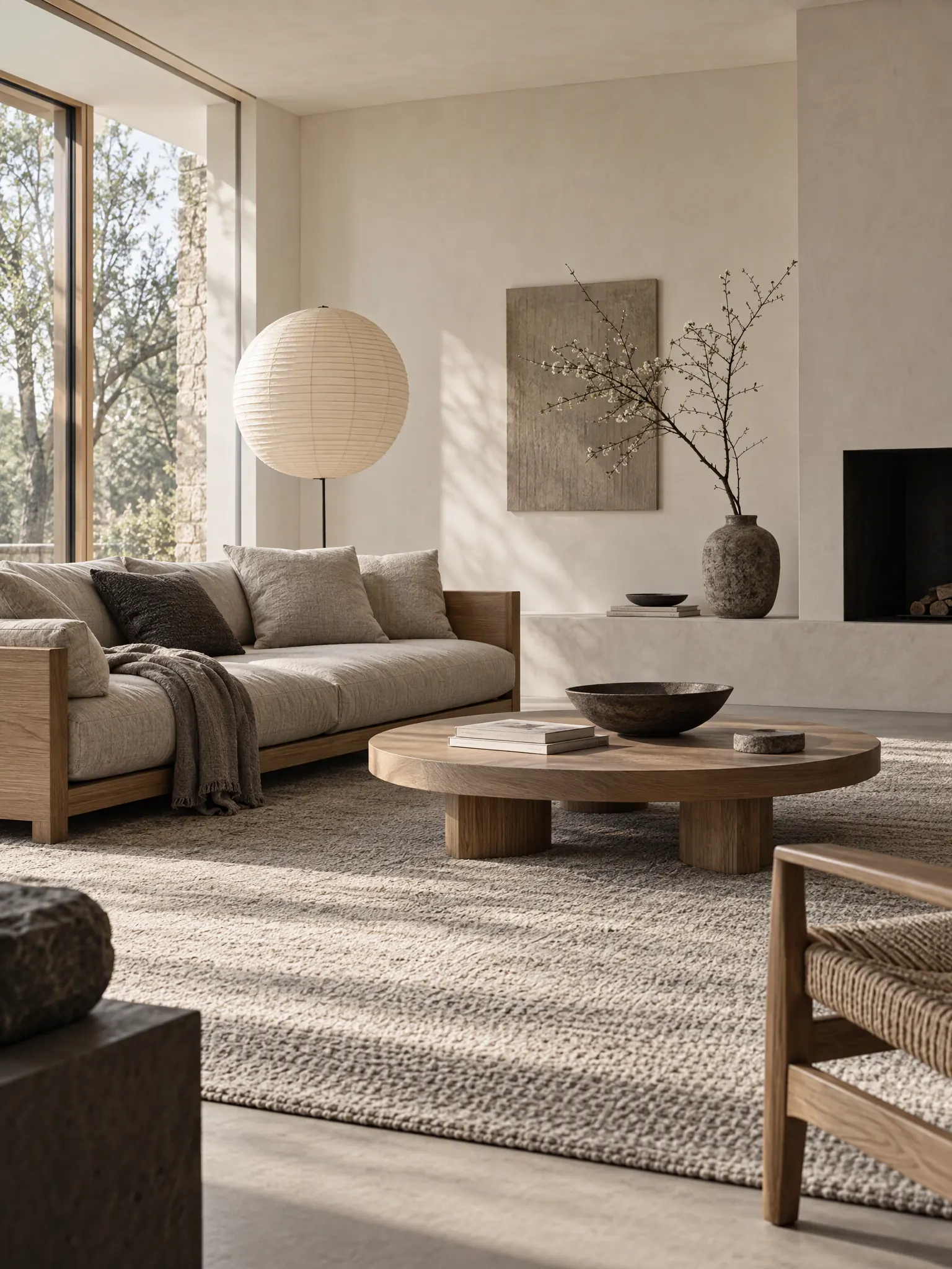Japandi living room with a low oak-framed sofa, a round oak coffee table, a paper floor lantern and warm plaster walls