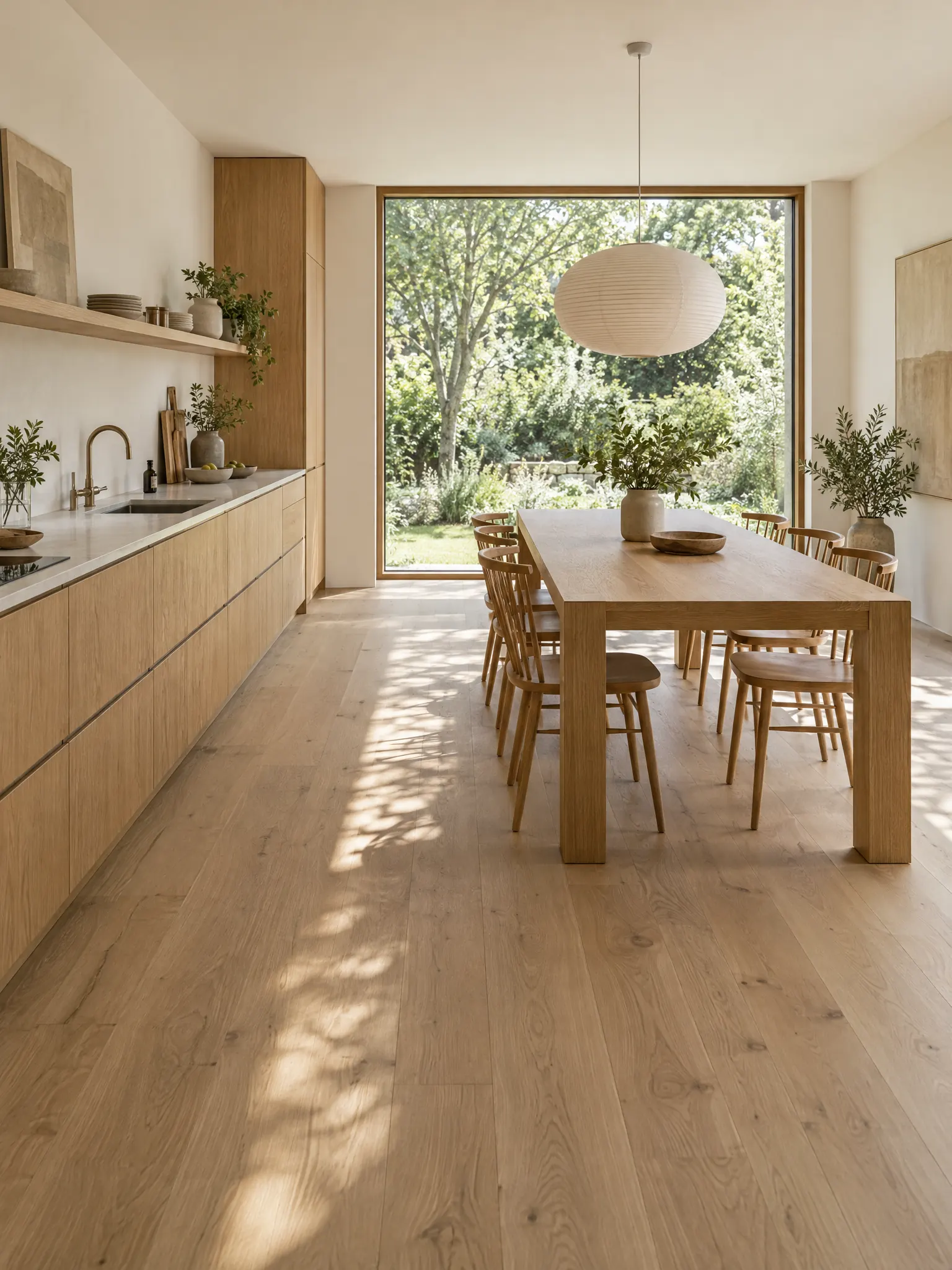 Open-plan Japandi kitchen and dining area with oak cabinets, a solid oak dining table, spindle chairs and a garden window