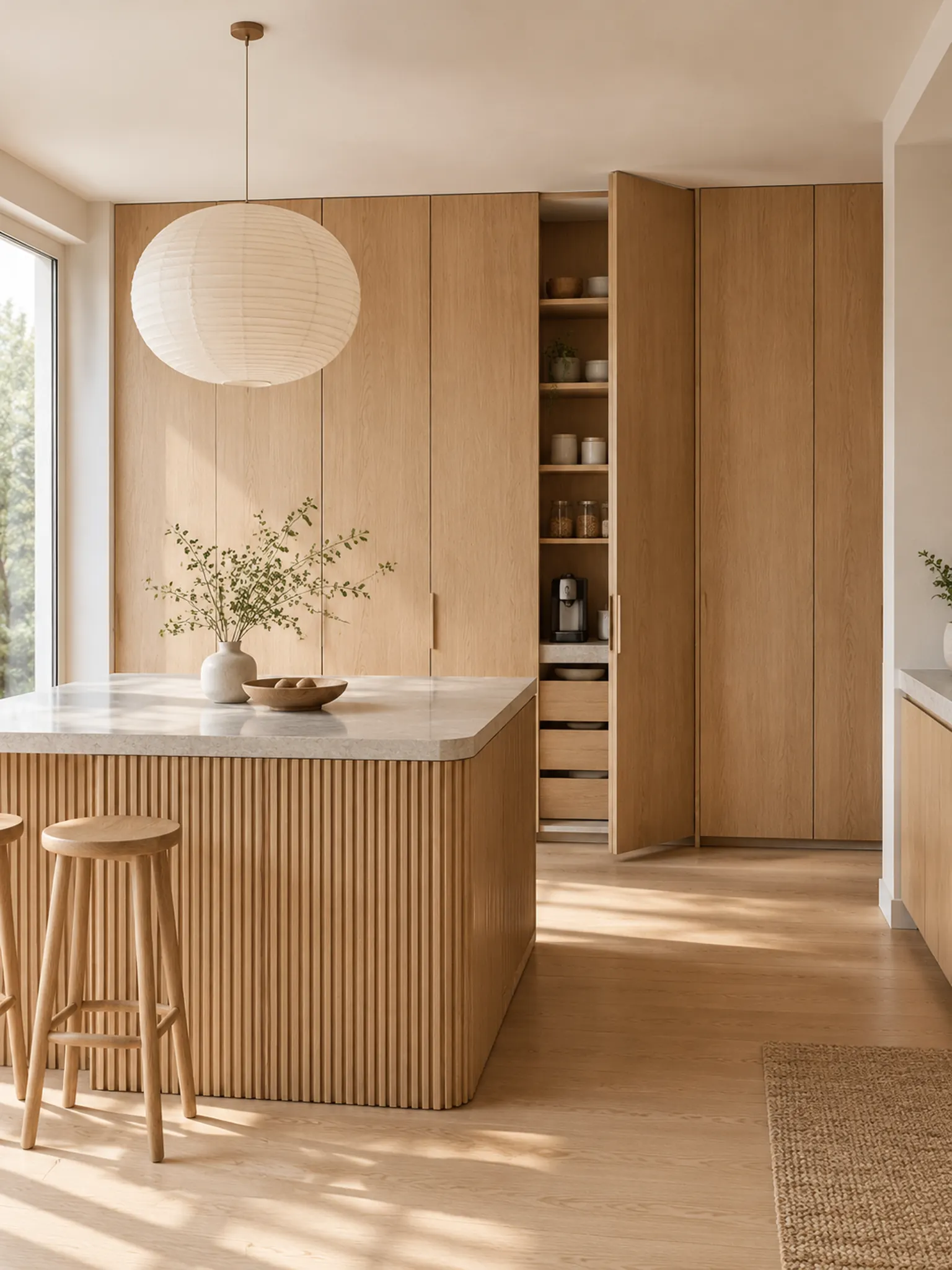 Japandi kitchen with a full-height wall of flush oak doors hiding the fridge and pantry, and a slatted oak island