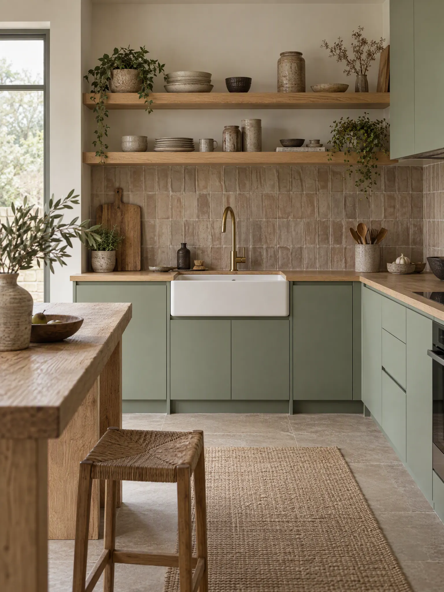 Sage green Japandi kitchen with flat sage cabinets, oak open shelves, a clay tile backsplash and a white ceramic sink
