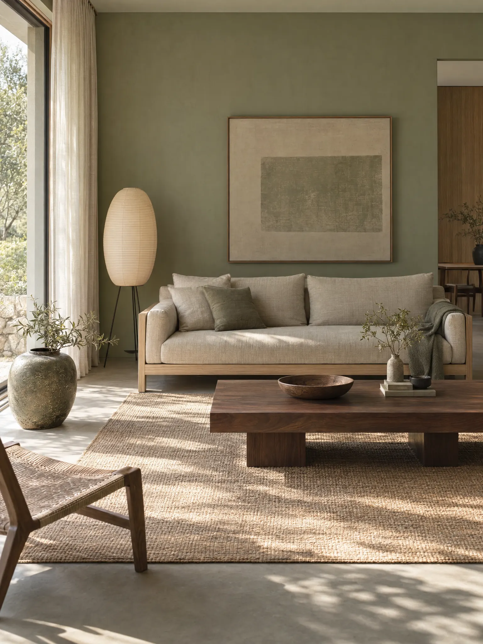 Japandi living room with sage-green walls, a light ash sofa with linen cushions, a low walnut coffee table and a paper floor lamp