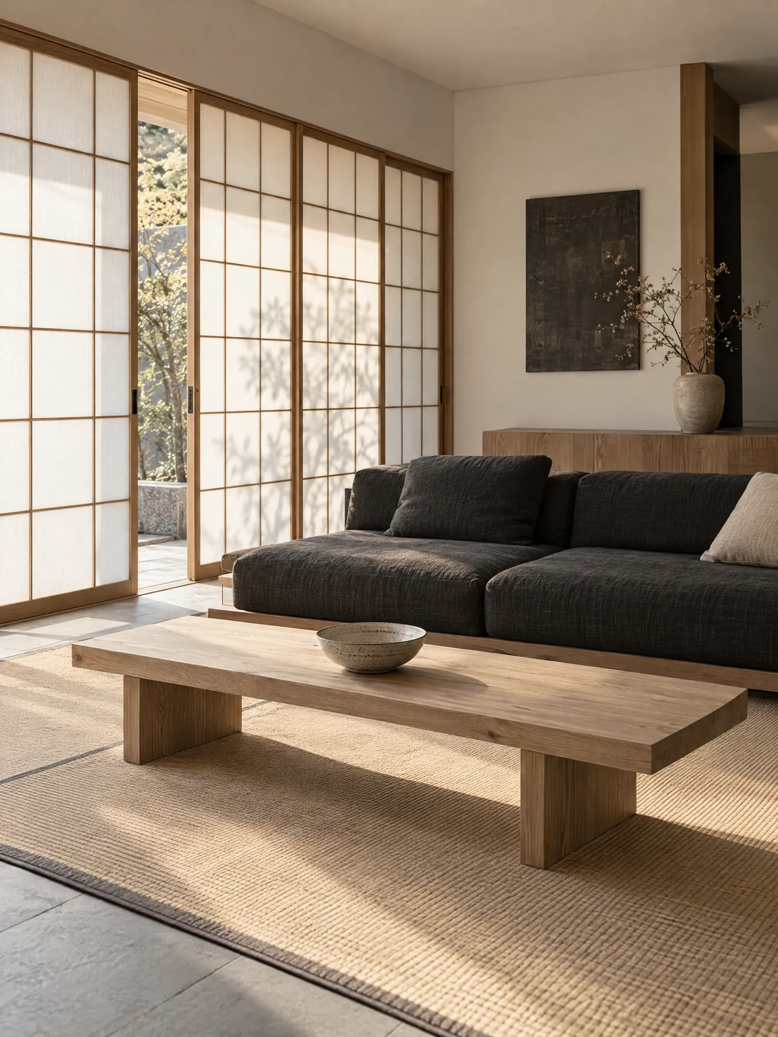 Japandi living room with sliding paper screens, a low charcoal linen sofa, an ash bench as a coffee table and a tatami-textured rug