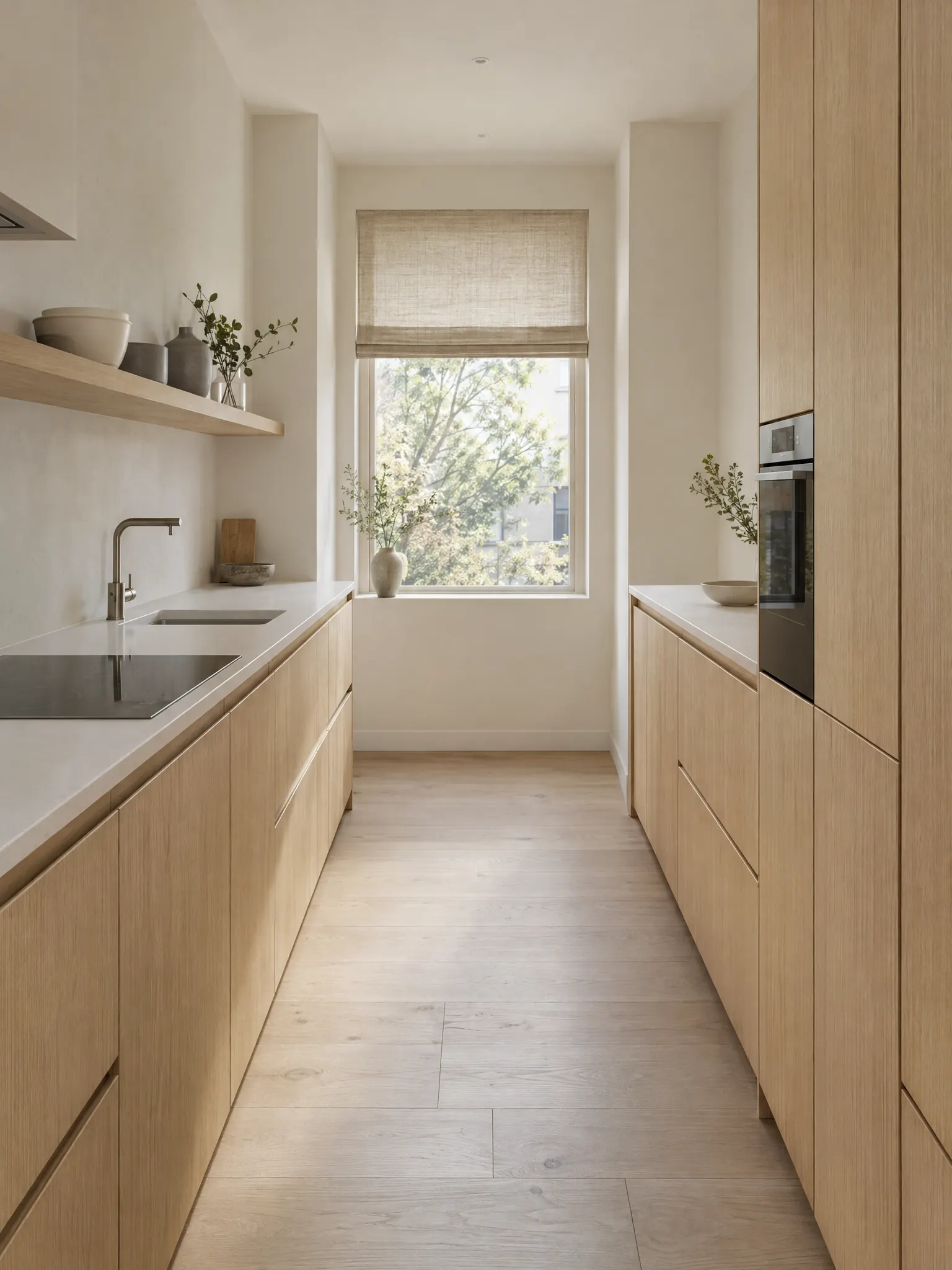 Small Japandi galley kitchen with light oak cabinets, one open shelf of ceramics, clear white worktops and white plaster walls